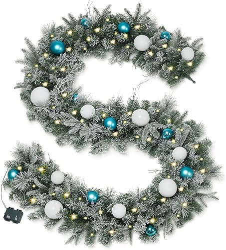 Guirnaldas navideñas preiluminadas de 2.7 m con temporizador y luces LED, guirnaldas con copos de nieve y bolas, guirnalda navideña a pilas,