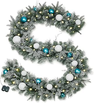 OasisCraft 9 FT Prelit Christmas Garlands with Timer and LED Lights, Snow Flocked Garlands with Balls, Xmas Garland Battery Operated, Winter Garland for Mantle, Fireplace, Stairs Railing