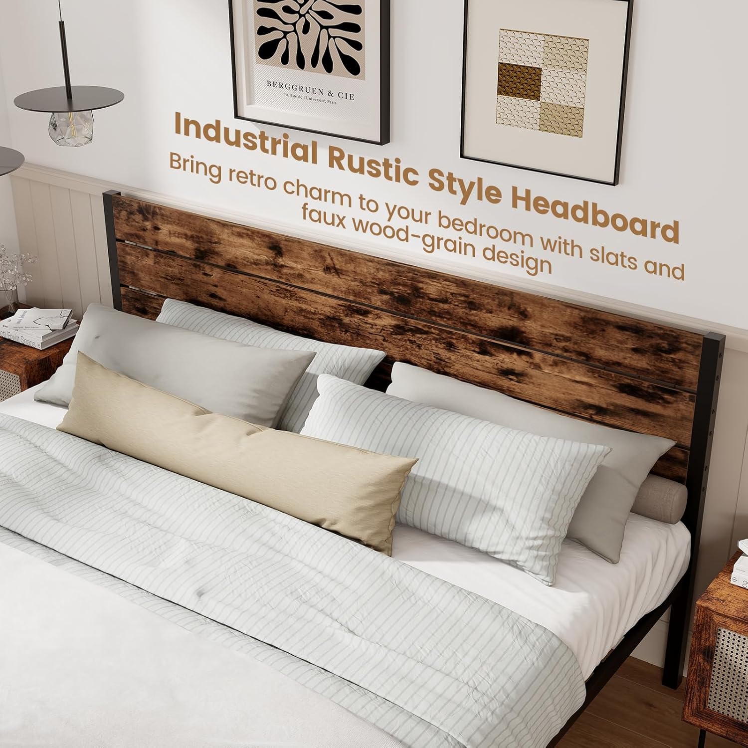 GOFLAME King Size Bed Frame with Headboard, Metal Platform Bed with Under-Bed Storage Space & Slatted Headboard, Industrial Bed Base, No Box Spring Needed Mattress Foundation, Rustic Brown