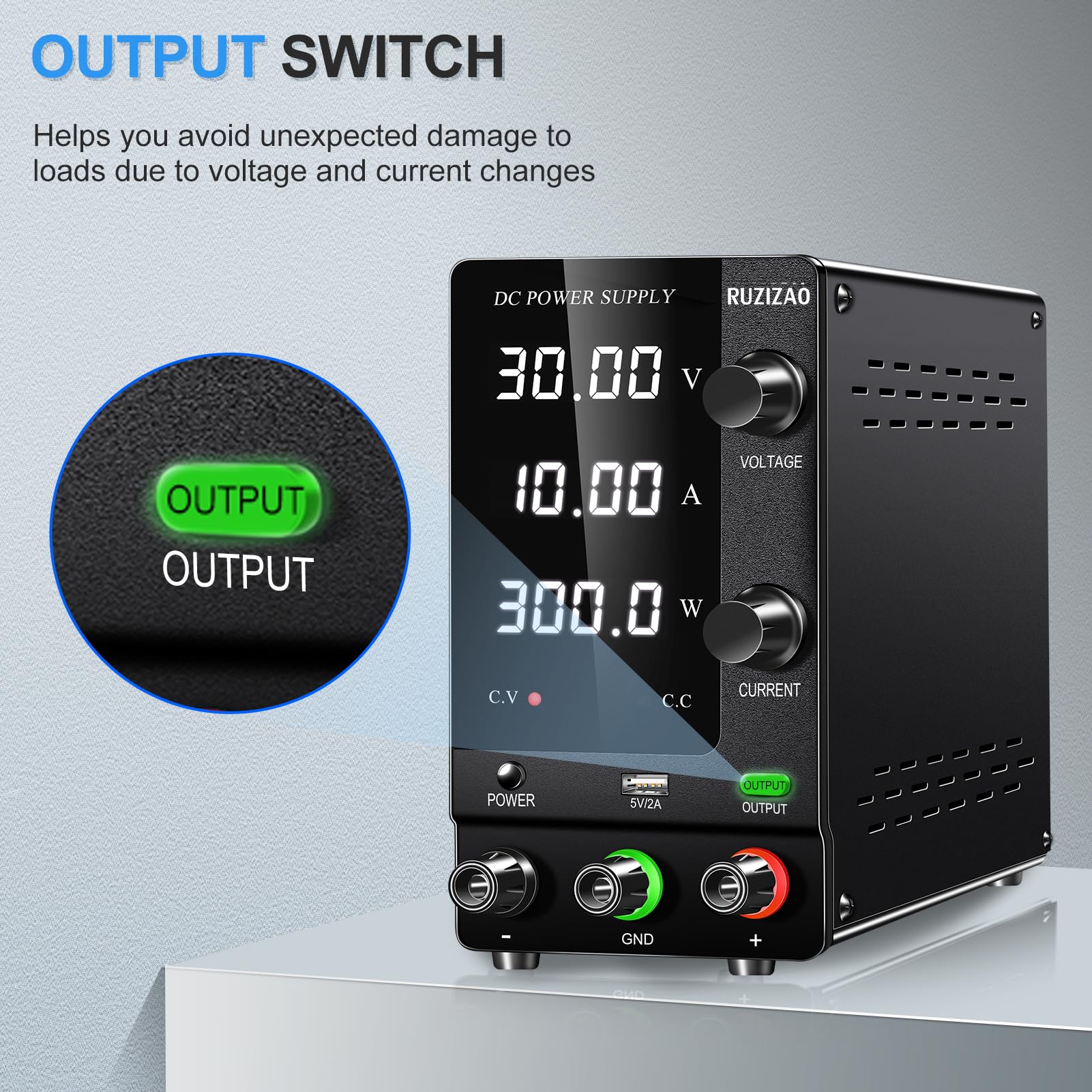 Fuente de Alimentación Regulable 30V 10A, Fuente de Alimentación de Laboratorio con Codificador y Interruptor de Salida, Fuente de Alimentación de Banco Pantalla LED de 4 Dígitos y Puerto USB