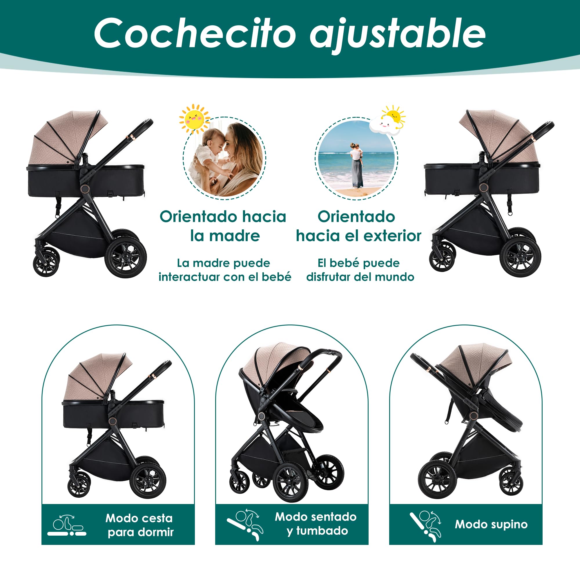 Carrito bebé 3 en 1, 0-3 años, Máx. 22 kg, Cochecito para Bebé 3 Piezas con Estructura Metálica Ligera, Compacto y Reclinable Silla de Paseo, con i-Size Silla Coche Bebe, Beige