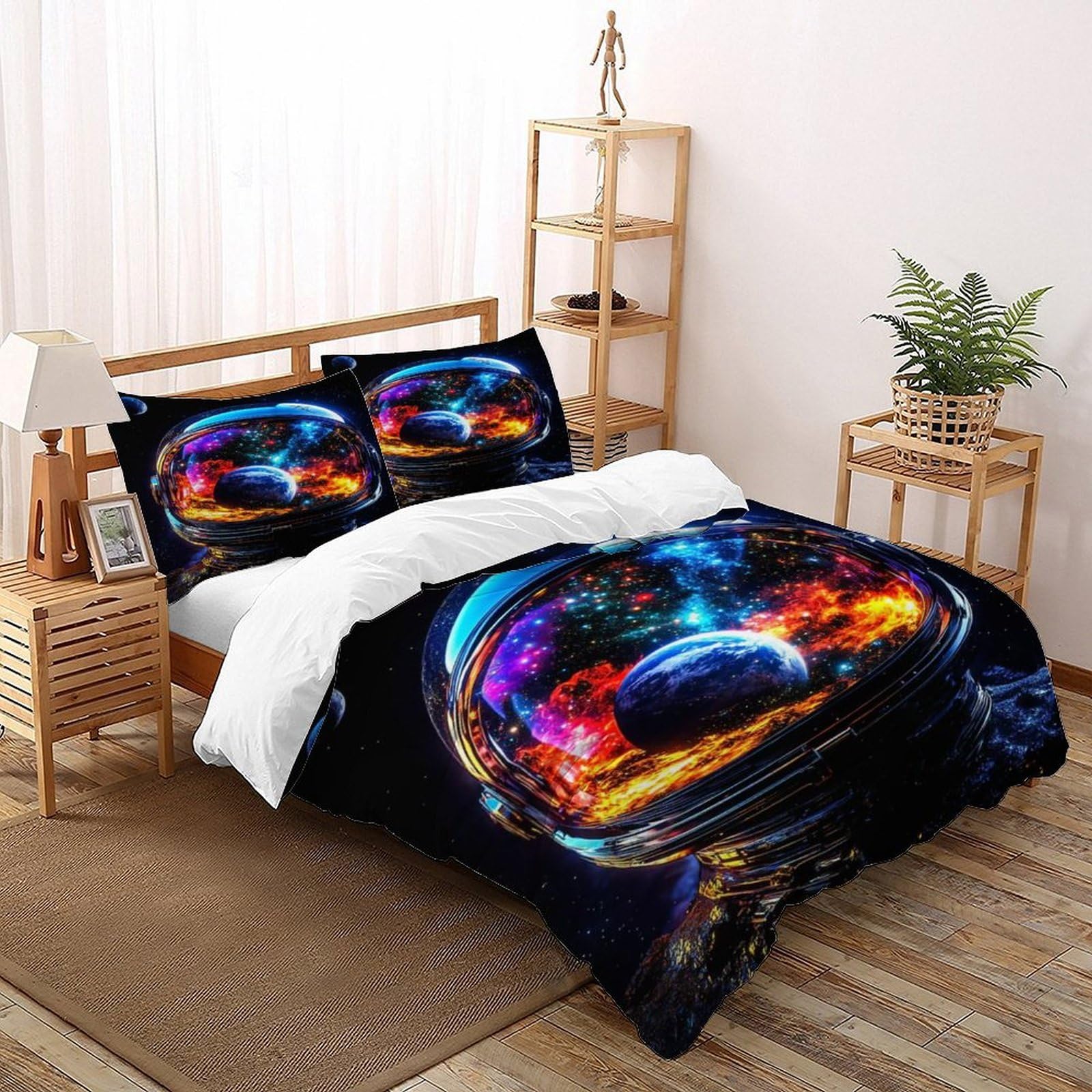 Astronaut Helmet Bedding Set 3D Digital Printing Space Theme Duvet Cover Set Microfiber Quilt Cover Universal for All Seasons with Pillow Super King（260x220cm）