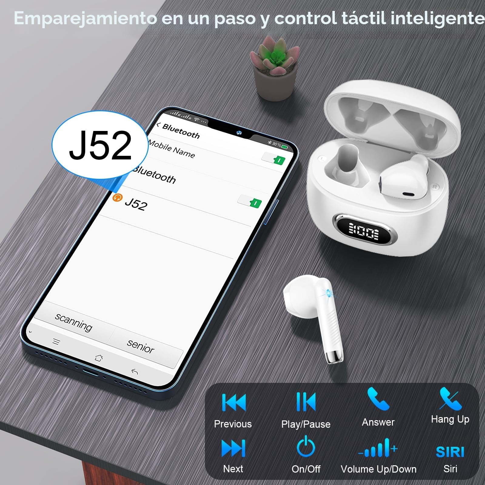 Drsaec Auriculares Inalámbricos, 2024 Auriculares Bluetooth 5.3 con Reducción de Ruido ENC Mic, Mini Cascos Inalambricos Bluetooth 42H Estéreo HiFi in Ear IP7 Impermeable, LED Pantalla, USB-C