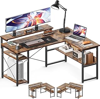 ODK パソコンデスク 幅137 ゲーミングデスク デスク l字 机 棚付き pcデスク 3段階モニター台付き 収納 desk オフィスデスク 仕事用 在宅勤務 組立簡単 ビンテージ