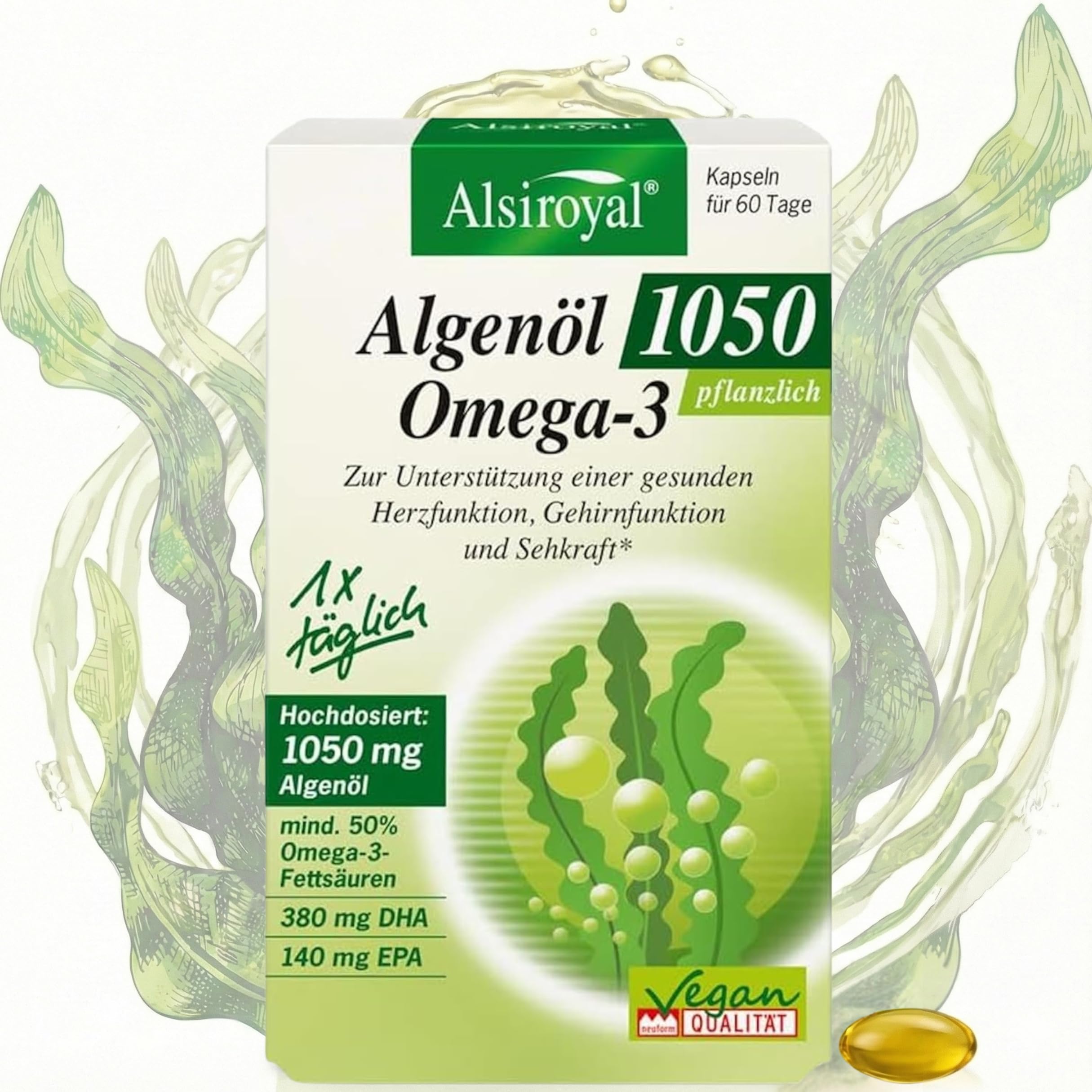 Alsiroyal Algenöl 1050 Omega-3 · hochdosiert 380mg DHA+140mg EPA pro Kapsel | 55% pflanzliches Omega-3 · vegane Alternative zu Fischöl · top Geschmack · stark für Herz, Augen, Gehirn · laborgeprüft