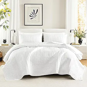 Comfort Spaces Kienna Quilt Set- Double Sided Stitching Design Summer Blanket, Lightweight, Soft, All Season Bedding Layer, Matching Sham, White, Coverlet King (104"x90") 3 Piece