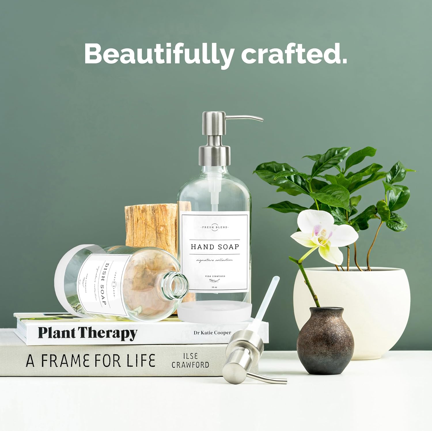 Vine Creations Clear Glass Soap Dispenser, 2 Pack Kitchen Soap Dispenser Set with Stainless Steel Pump, 16 oz Hand Soap or Dish Soap for Bathroom or Kitchen with Waterproof Labels - Image 2