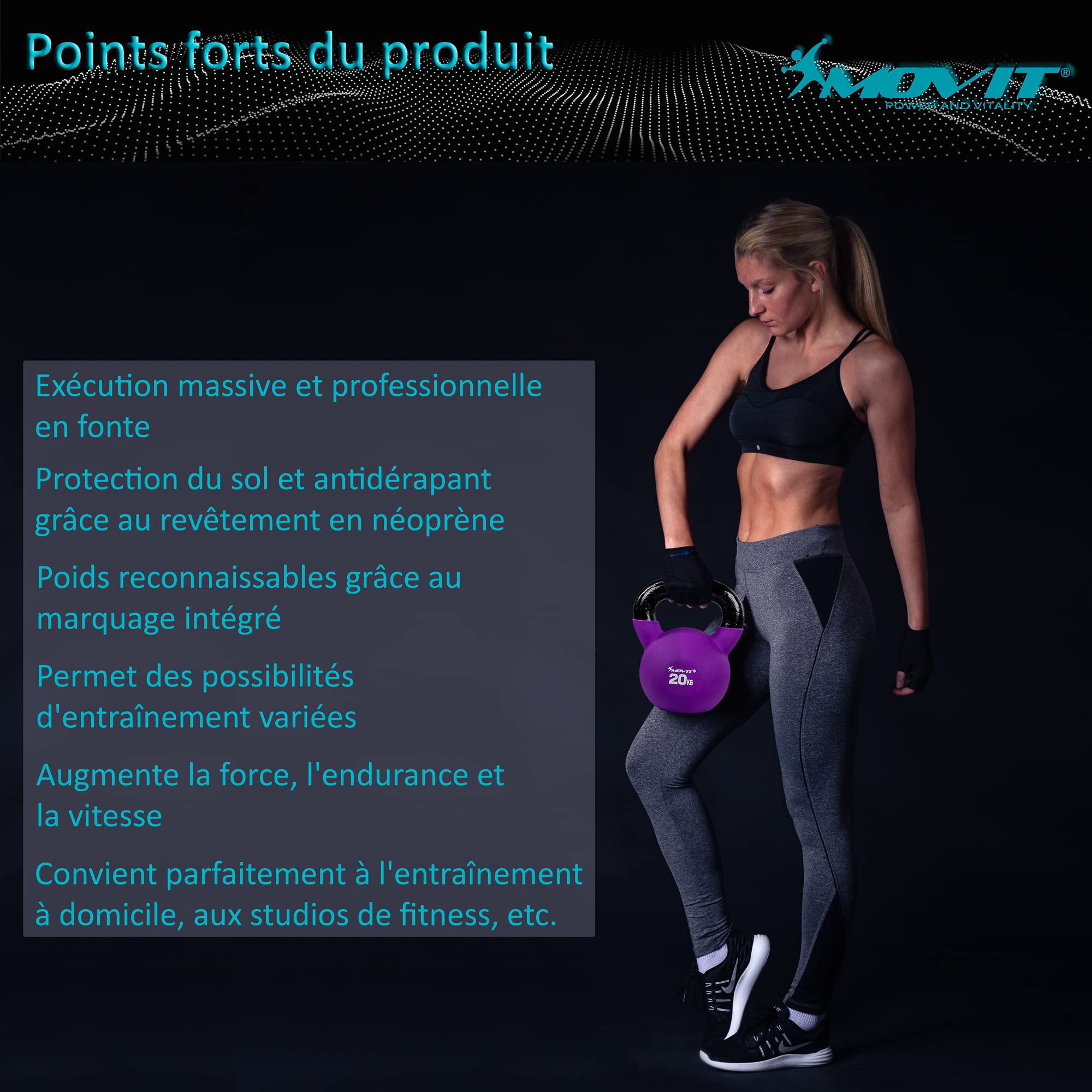 MOVIT Kettlebell Pro, haltère sphérique en Fonte avec revêtement en néoprène, 12 Variantes : 2 à 24 kg, testé au Niveau des substances nocives, haltère d'élan