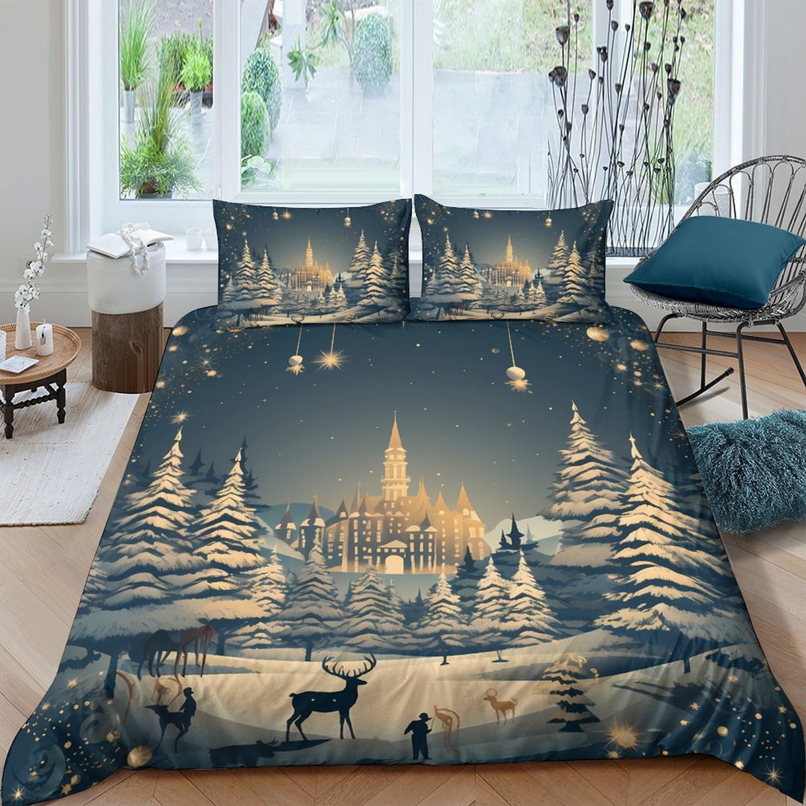 Ctjqhvkz Style-10 3D Printed Winter Forest Fitted Sheet Microfiber Soft Christmas Village Bed Cover For Bedroom Guest Room Decor Single（135X200cm）