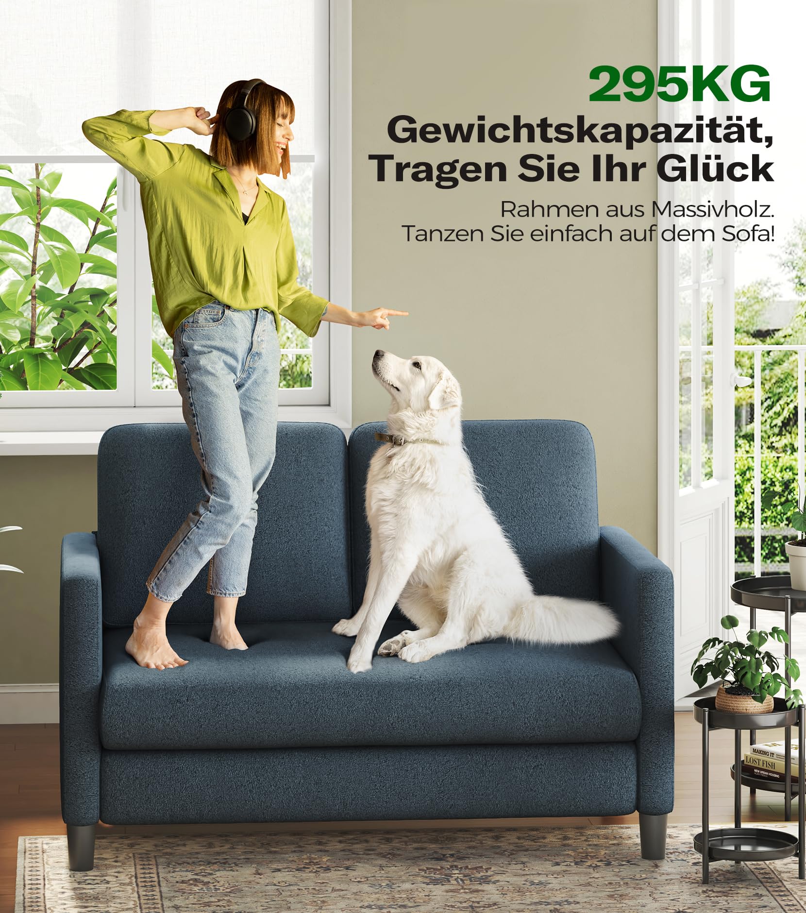 Sofa 2 Sitzer Klein, 130cm Mini Couch Klein, Gemütliches kleines Sofa für Jugendzimmer, Werkzeugfreies Aufstellen von Minisofa, 2er Sofas und Couchs aus Vollholz, Kleine Sofas Wohnzimmer, Blau Grau