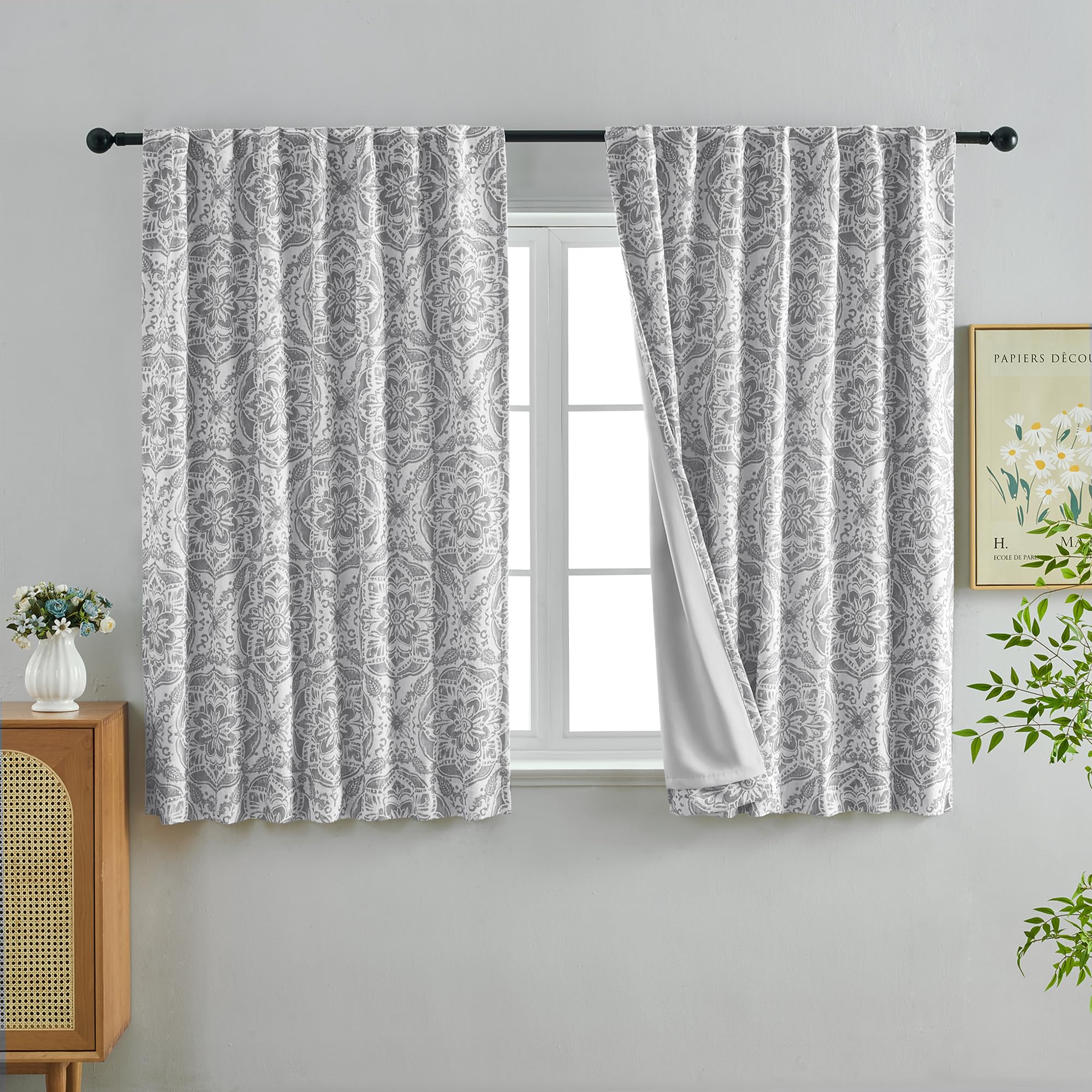 OVZME Gray Medallion Blackout Curtains for Bedroom 63 Inch Length 2 Panels, Thermal Insulated Double Layer Linen Blackout Curtains for Living Room,