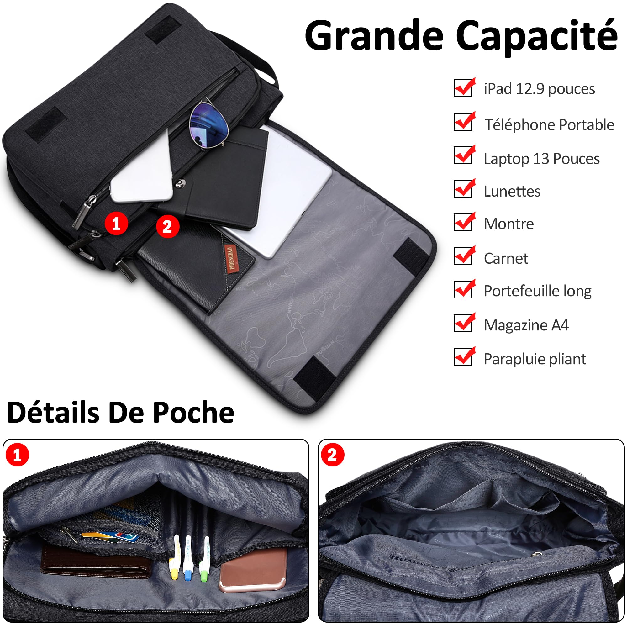 Sac à Bandoulière Homme 13 Pouces Ordinateur Portable Sac Messager Multiples Poches Besace pour Bureau Travail Collège Imperméable Polyester Sacs d'épaule Noir