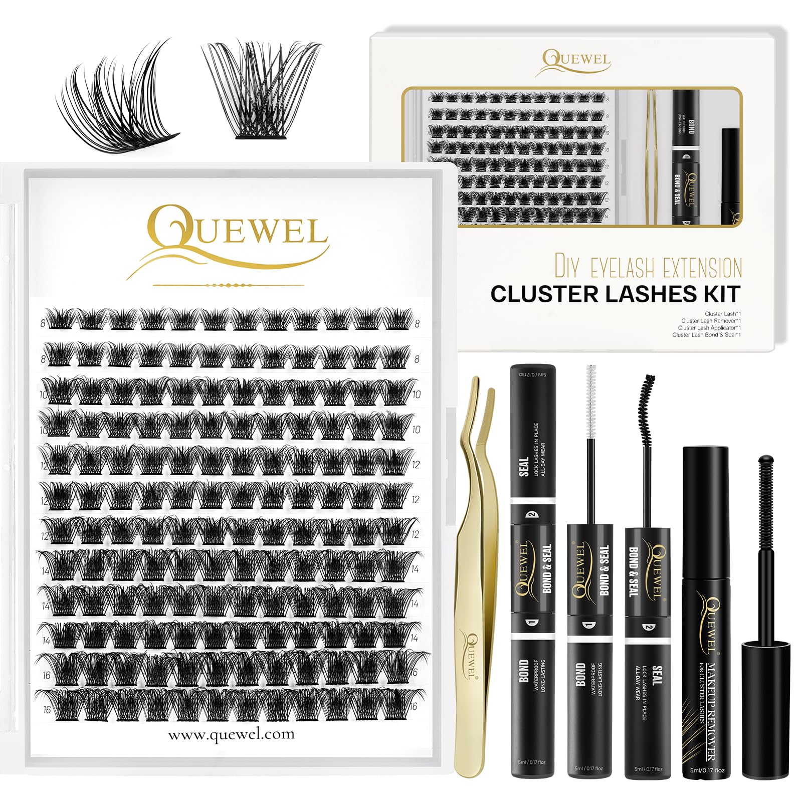 QUEWEL 144 Pcs DIY Wimpern-Extensions, Lash-Extension mit langanhaltenden Cluster-Lashes Bond und Seal, natürliche Lash-Cluster für Anfänger zu Hause (FD01-KIT)