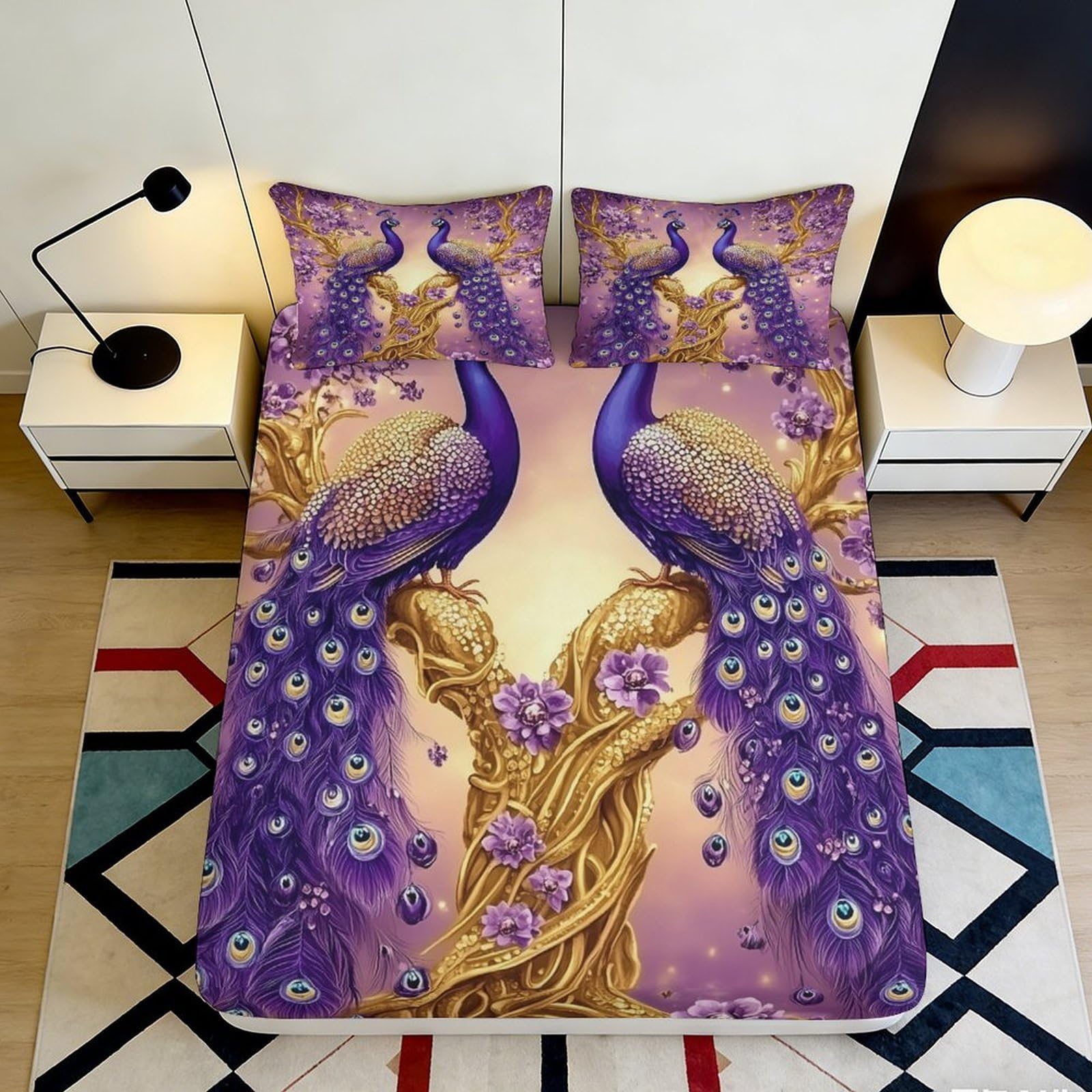 Elegant bedroom accent Peacock Fitted Sheet 3D Printed soft touch Microfiber Bed Cover for home guest room bedding 90x200x25cm