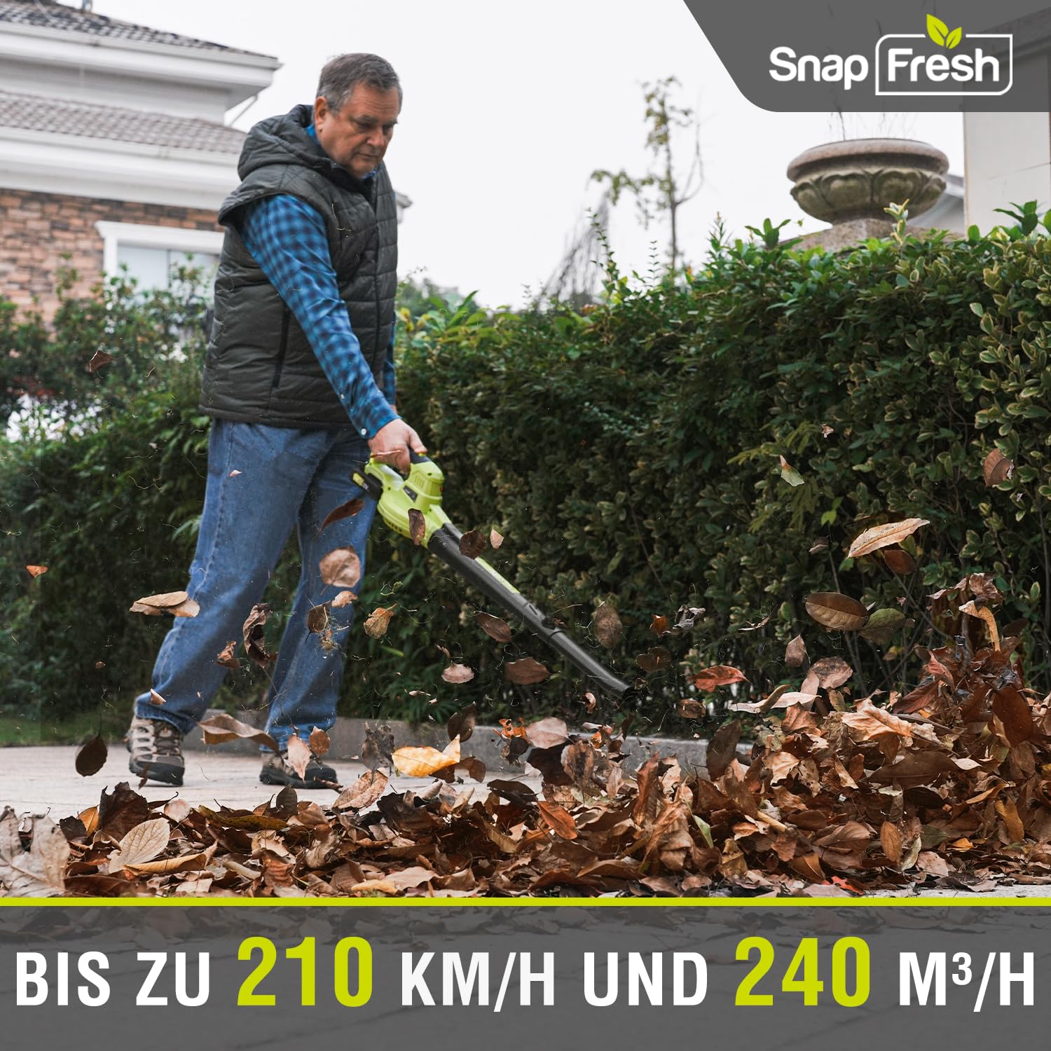 SnapFresh Laubbläser Akku-Laubbläser Kabelloser 20V 210 km/h 240m³/h / 2-Luftgeschwindigkeit/mit Akku und Ladegerät/Leicht Kompakte 1,2kg für Garten Hof Rasenpflege (Grün)