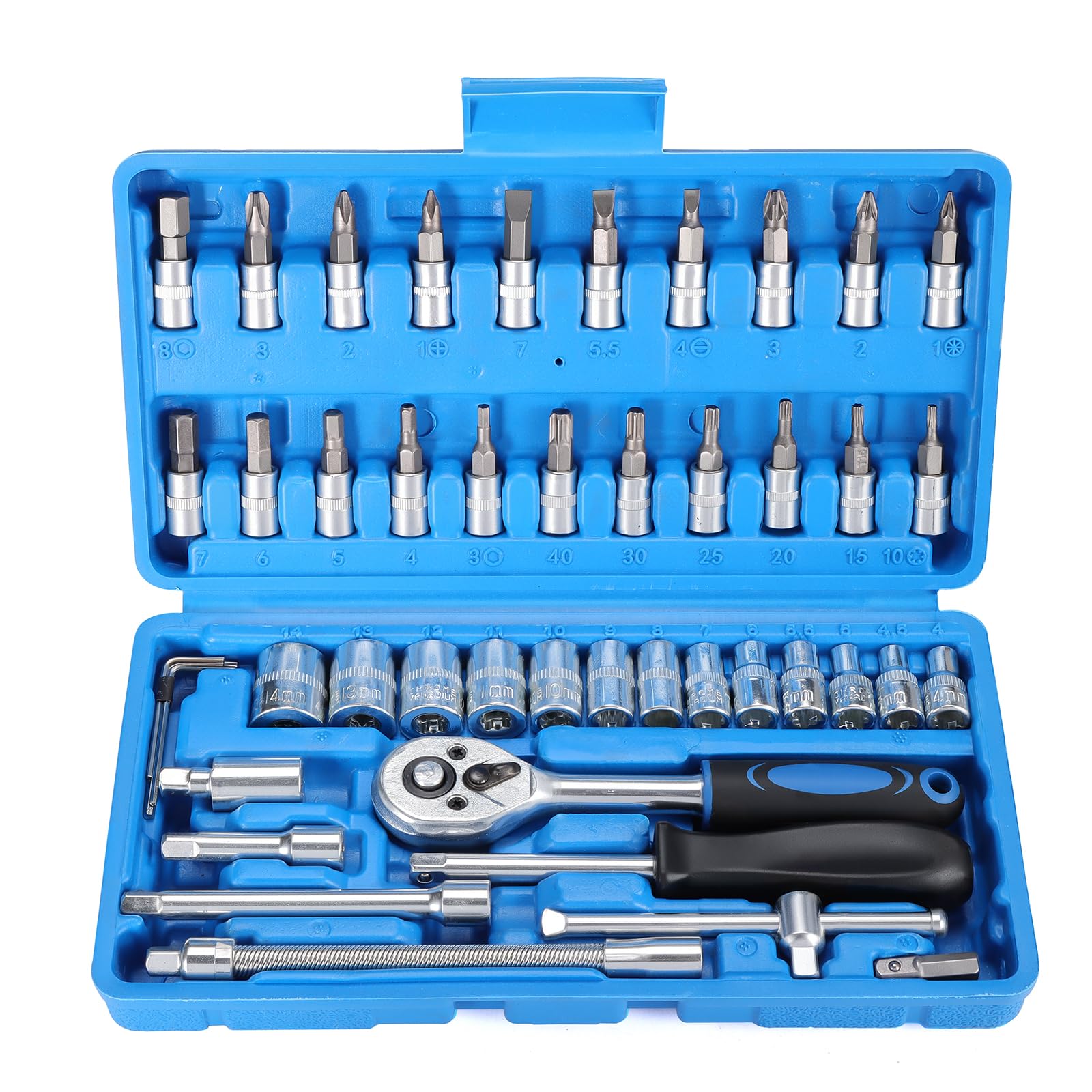 Faankiton 46PCS Ratchet Socket Set 1/4" Drive Socket Wrench Set, Cr-V Metric Ratchet Wrench Tool with Extension Bar and 72 Teeth Reversible Ratchet Spanner for Auto Repair and Home Maintenance (Blue)