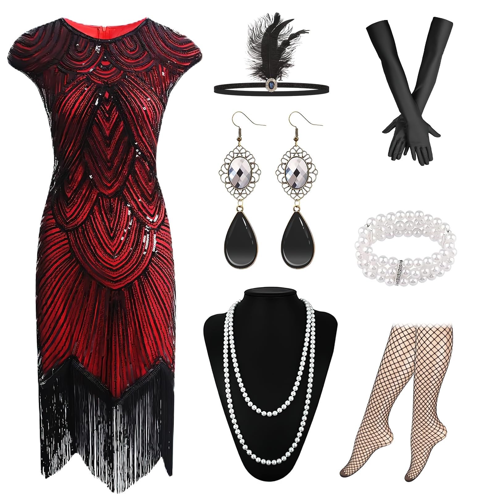XJGQZ 1920s Flapper Dress, 8-Piece Cap Sleeve Roaring 20s Costume Sets | Size-M; Red Color Vintage Theatrical Outfits; Headband Necklace Gloves; Roleplay Cabaret Wear