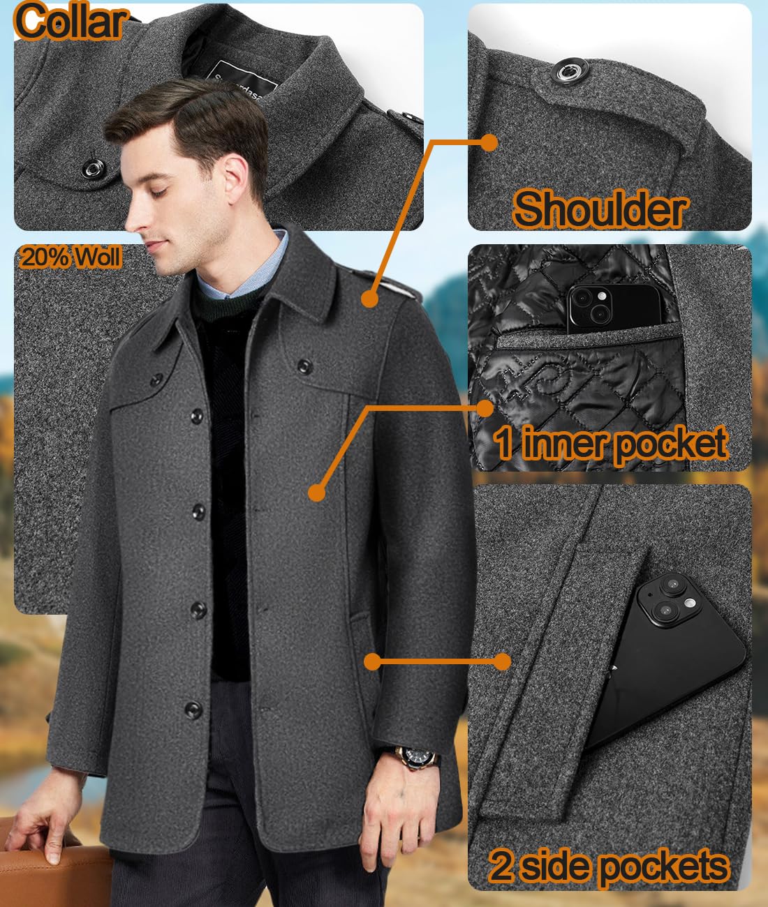 Cappotto da Uomo in Lana Corto Trench Cappotti Giacche Elegante Trincea Cappotto Invernale Business Calda Invernale Coat in Caldo Imbottito Foderato