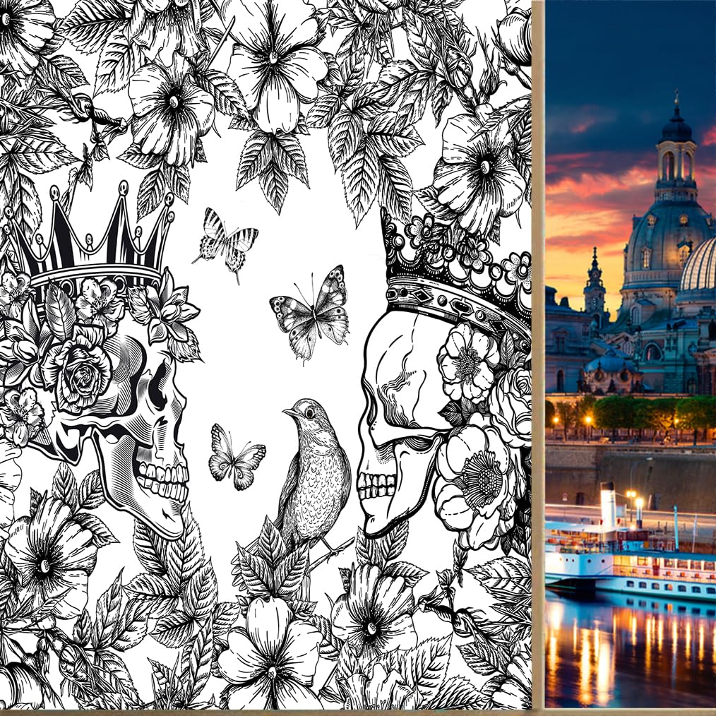 Coalho Flower Skull Crow Privacy Blackout Window Film Retro Tropical Floral Gothic Skeleton Butterflies Bird Print Reusable Self Adhesive Insulated Window Stickers-45W X60l Cm X1pcs