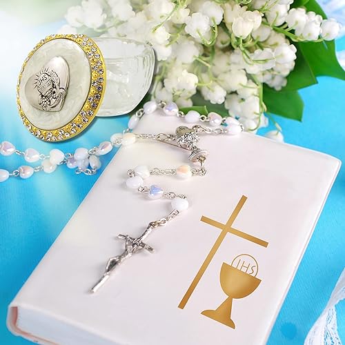 Miniatura 5 de Needzo Rosario de la primera comunión de cristal transparente con tapa de cáliz IHS en tono dorado, 2 1/8 pulgadas