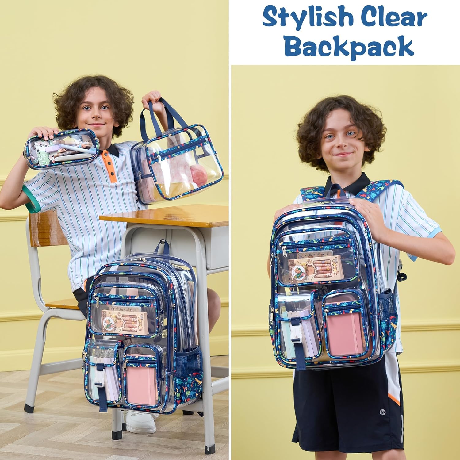 Fimibuke Clear Backpack for Boys, 3PCS Heavy Duty PVC Transparent Boys Backpack with Lunch Box & Pencil Case, School Stadium Event Approved Toddler School Bookbag for Preschool Kindergarten Elementary - Image 6