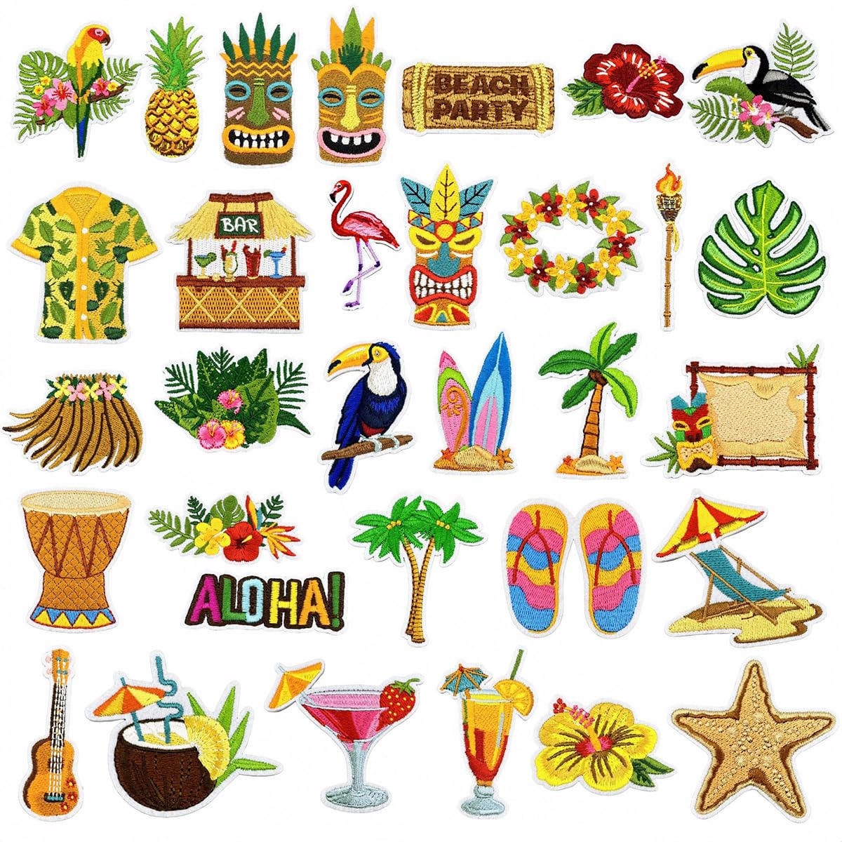 32pcs Summer Iron on Patches Tropical Beach Theme Coastal Hawaii Embroidered Applique Hula Skirt Coconut Pineapples Repair DIY Crafts for Clothing