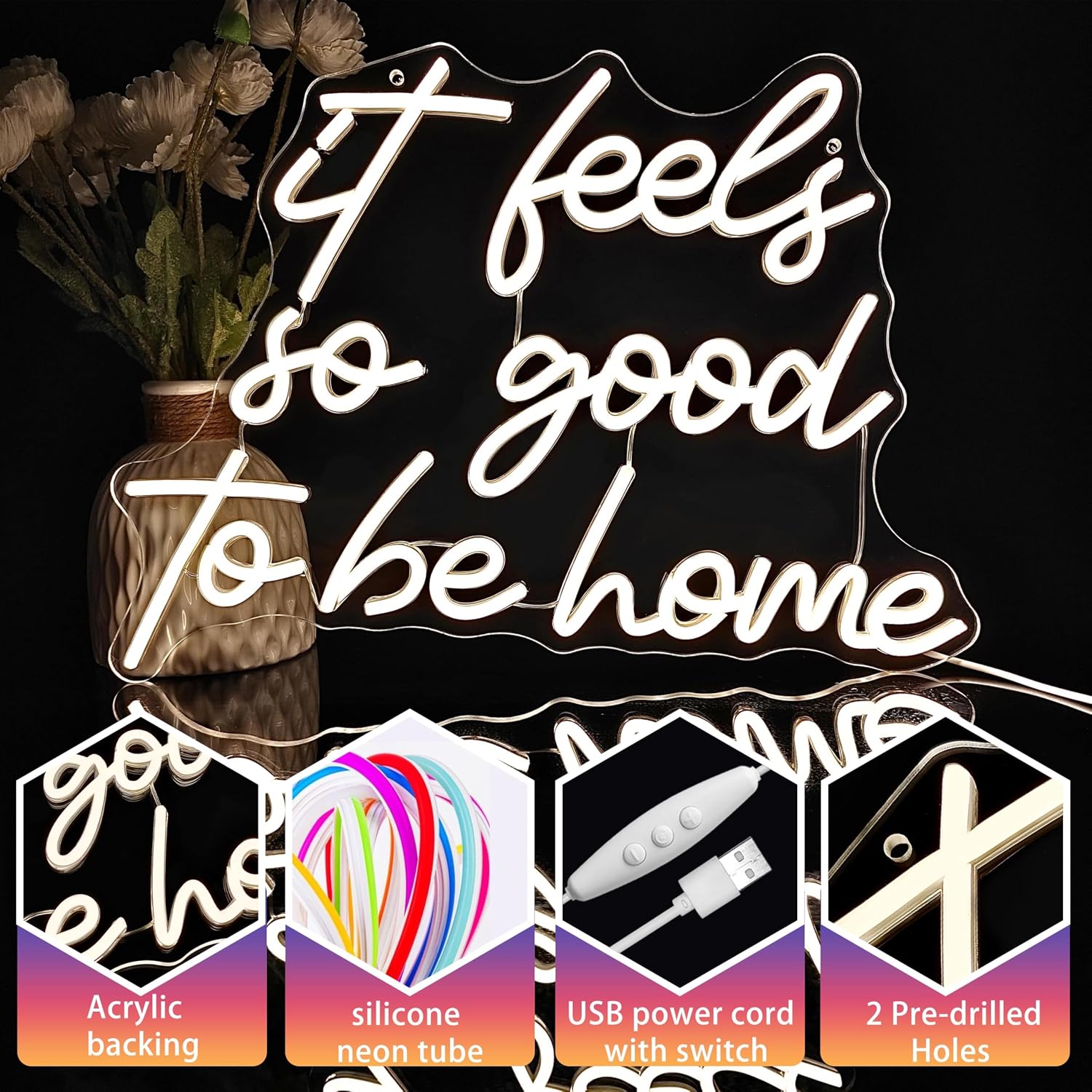 It Feels So Good to Be Home Neon Sign, 16.7" x 12.4" Dimmable Warm White LED Light Decor, USB Powered Aesthetic Wall Art for Entryway, Living Room, Bedroom, New Home Housewarming Gift Ideas
