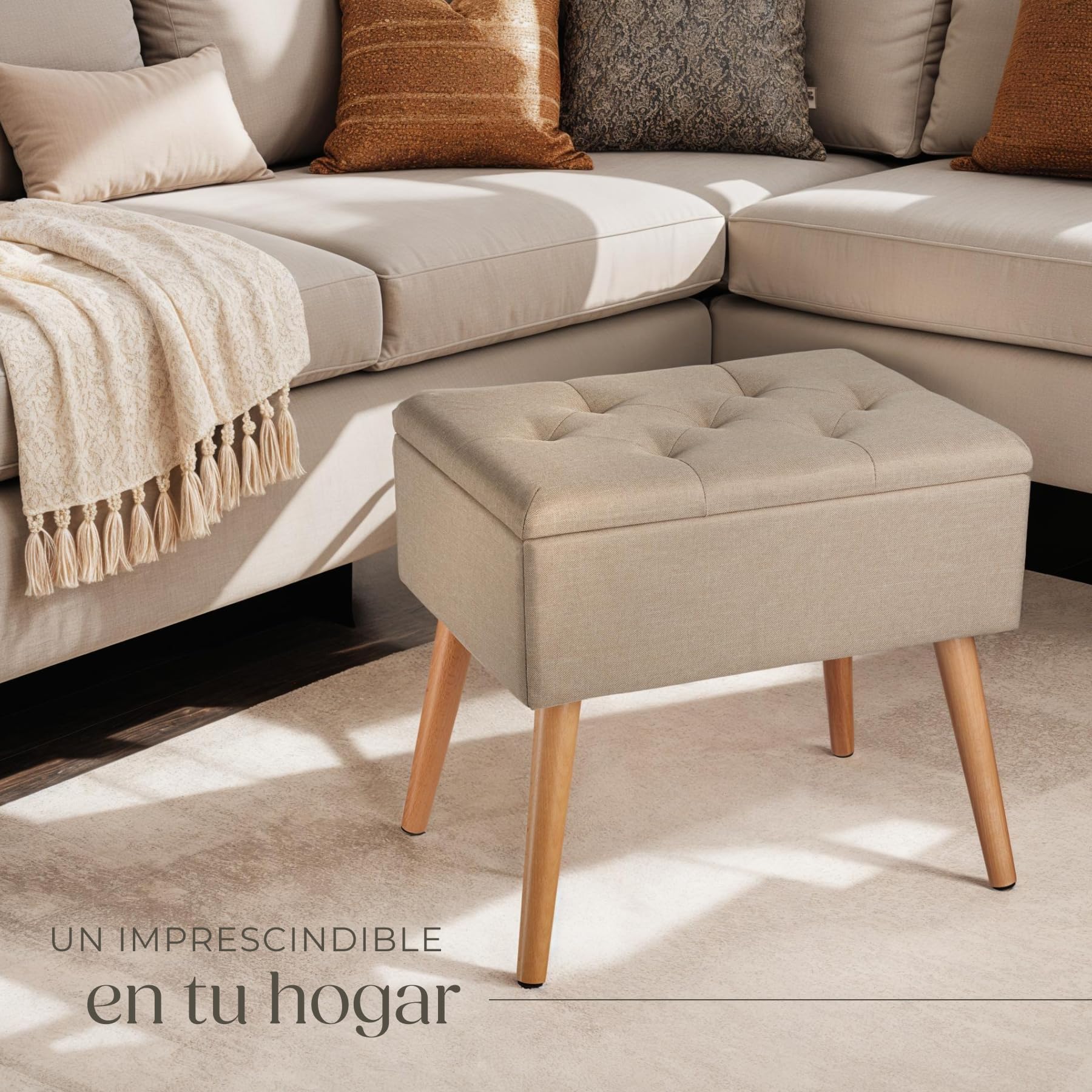 tectake® Puff Almacenaje Dormitorio con Diseño Elegante Efecto Lino, Banco con Almacenaje Práctico, perfecto Taburete Tocador, Puff Reposapies o Banqueta Dormitorio - 51 x 37,5 x 45,5 cm Arena
