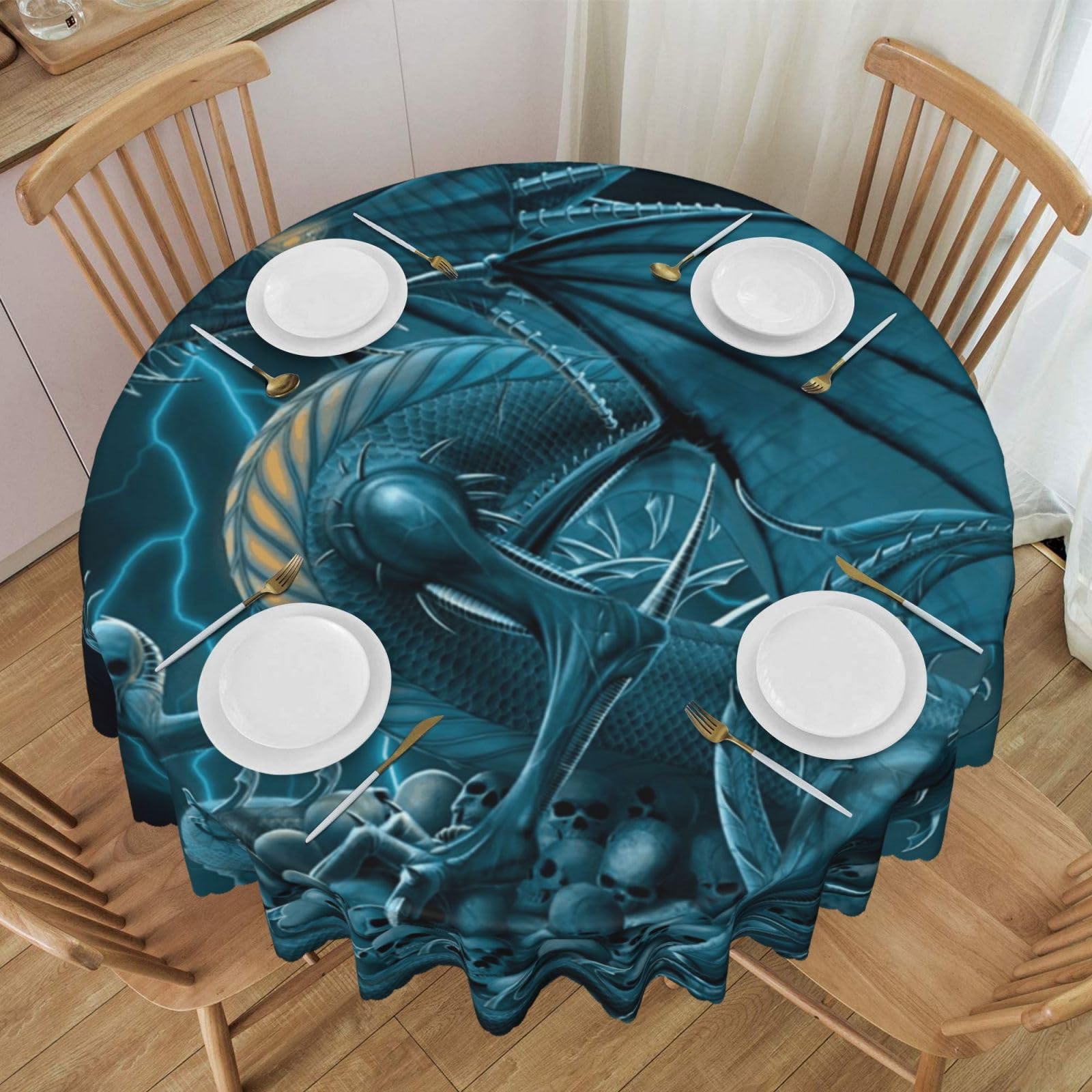 DCEHGEW 60 In Round Tablecloth with Lace, Skull Dragon Printed Oilproof & Washable Fabric Picnic Table Cloth Table Covers
