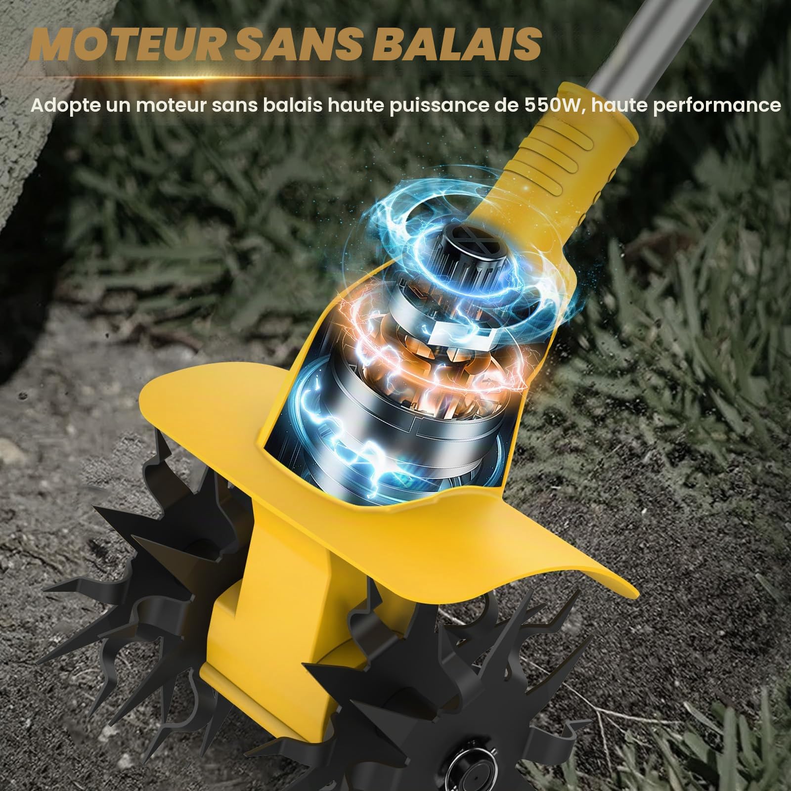 Cultivateur de jardin sans fil compatible avec batterie Dewalt 20 V (sans batterie), rotavateur de jardin sans balais de 500 W avec profondeur de labour de 16 cm et largeur de labour de 20 cm