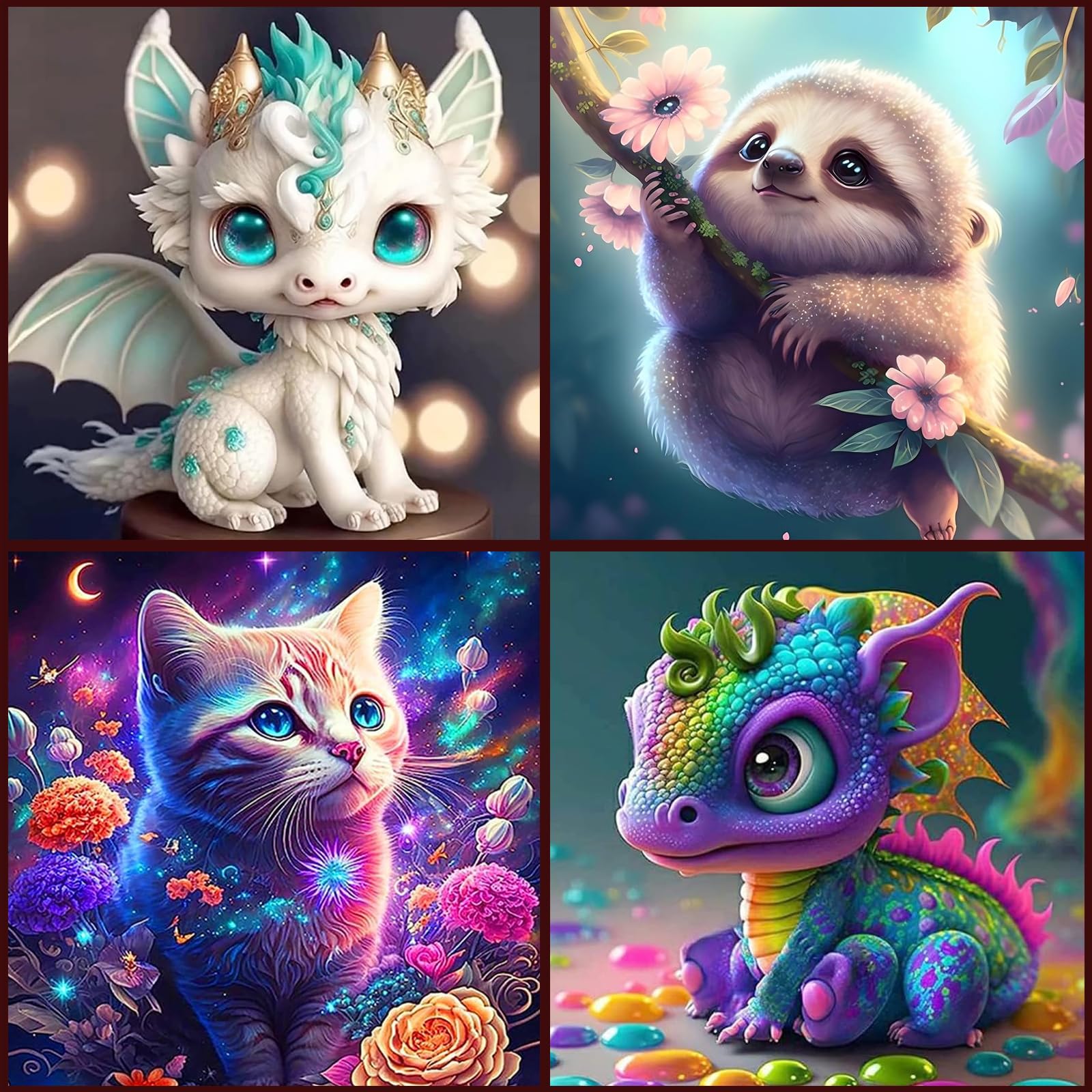 KEYRANKE 4er Diamond Painting Kinder Kleine Bilder, Diamant Painting Bilder Set Tiere Katze Faultier Drache Dinosaurier für Erwachsene mädchen, Runde Steine für Weihnachtsges-chenk 30x30cm