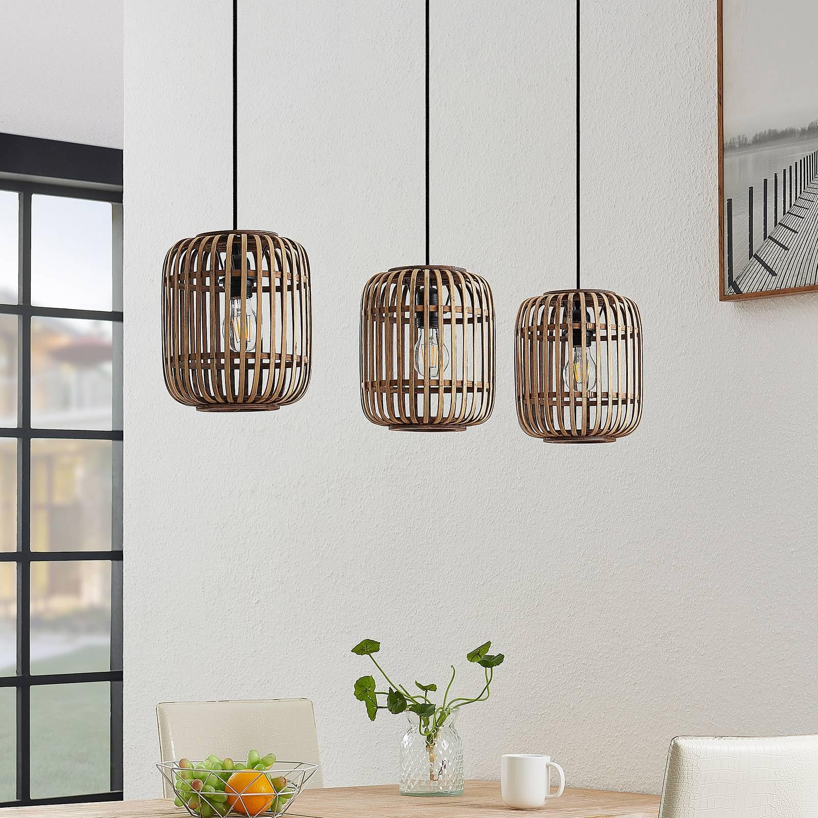 Lindby Esstisch Pendelleuchte Rattan, Hängeleuchte Esszimmer 3x E27 max. 40W ohne Leuchtmittel Hängelampe Wohnzimmer Pendellampe Esszimmerlampe Küchenlampe