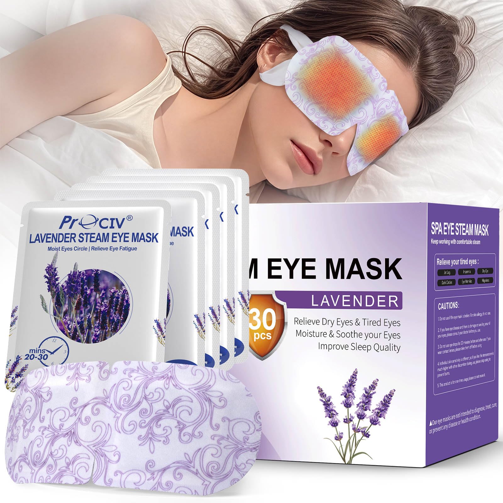 Confezione da 30 maschere per occhi al vapore, color lavanda, impacco caldo per occhi secchi, maschere per dormire, riscaldate automaticamente, rilassanti, per donne, calore umido, lenitiva