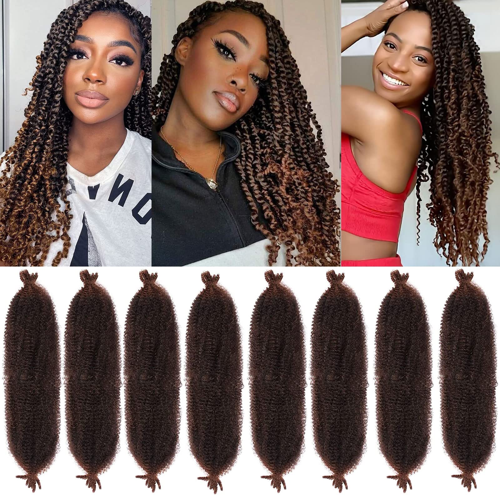 8 Packs Dark Brown Springy Afro Twist Crochet Hair 16 Inch Pre-Separated Spring Twist Hair Synthetic Marley Crochet Braiding For Distressed Soft Locs