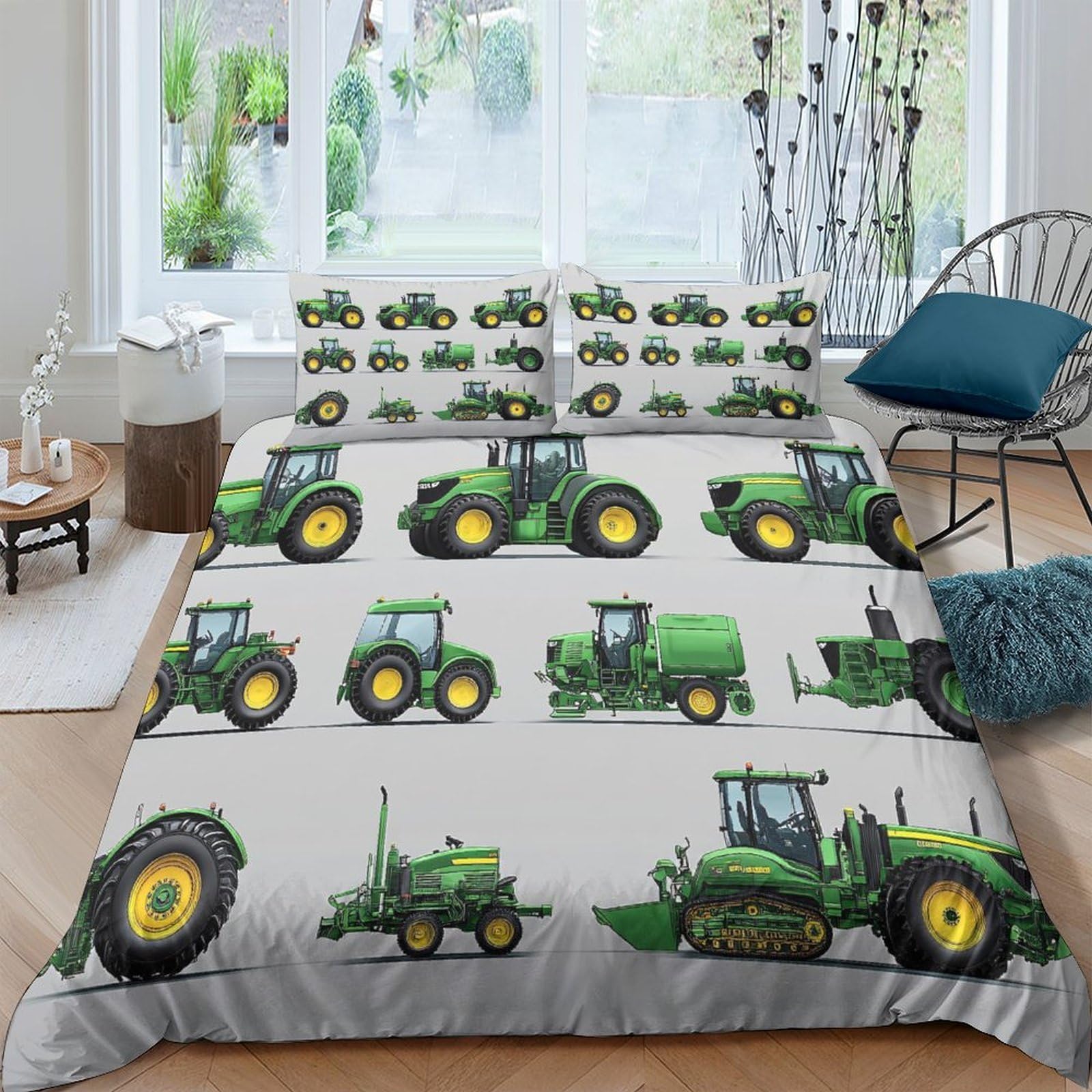 Ctjqhvkz Style-5 3D Printed Green Tractor Fitted Sheet Microfiber Soft Farm Vehicle Bed Cover For Bedroom Guest Room Mattress Decor Single（135X200cm）