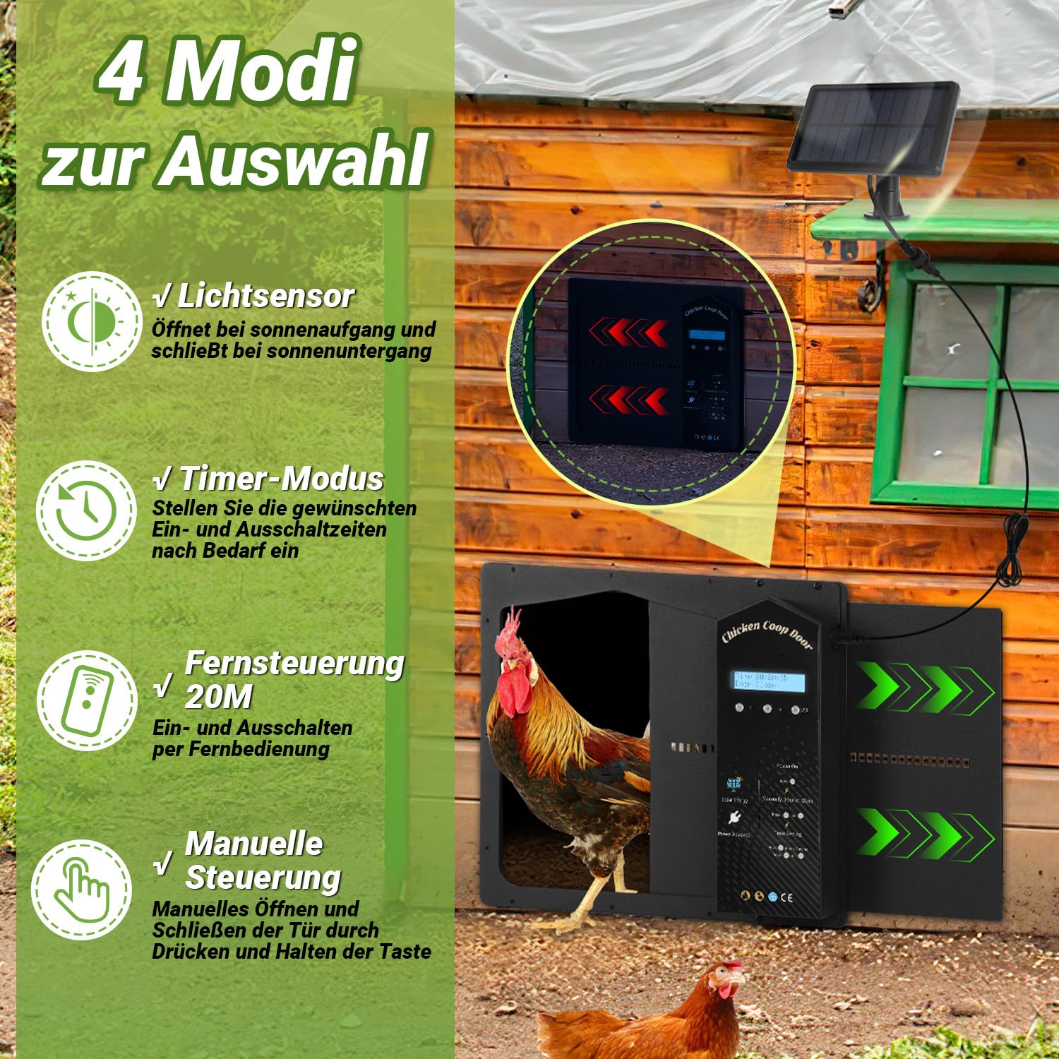 Automatische Hühnerklappe Solar, IP65 mit Display & Fernbedienung
