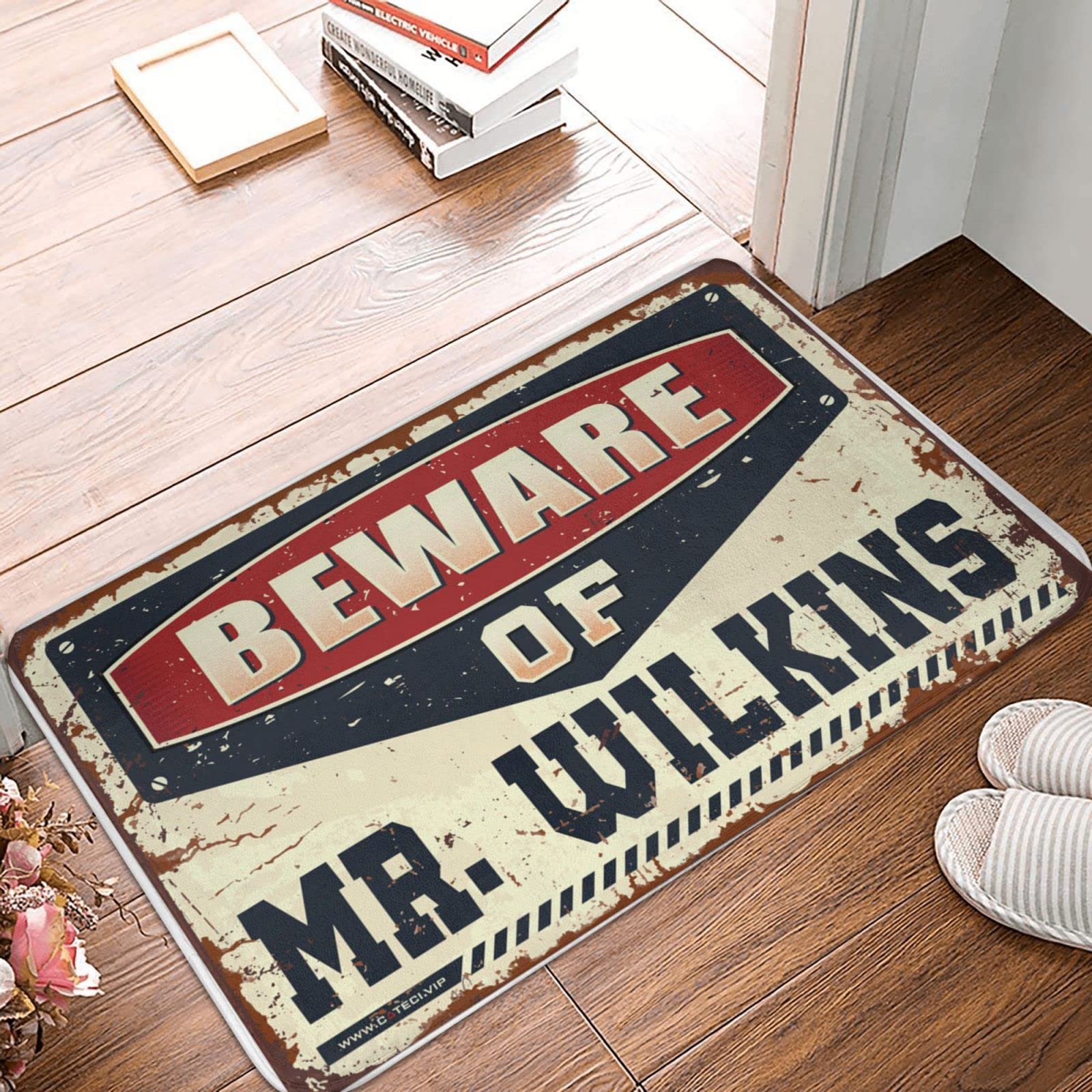 Zerbino divertente con scritta in inglese "Beware of Mr. Wilkins", zerbino estivo per esterni e autunnali (dimensioni: 65 x 90 cm)