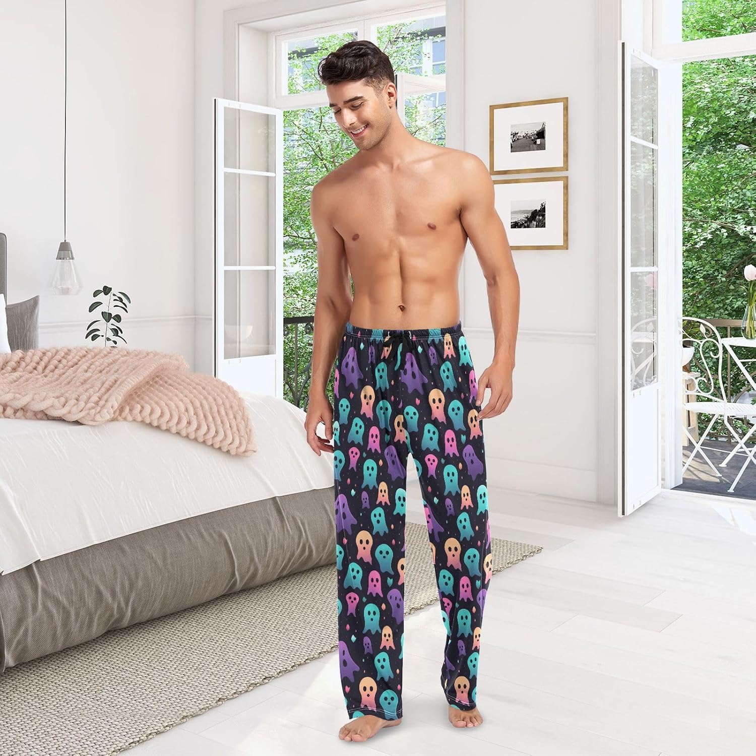 ALAZA Rainbow Ghost Halloween Men's Sleepwear Mens Pajama Pants Bottoms with Pockets, S