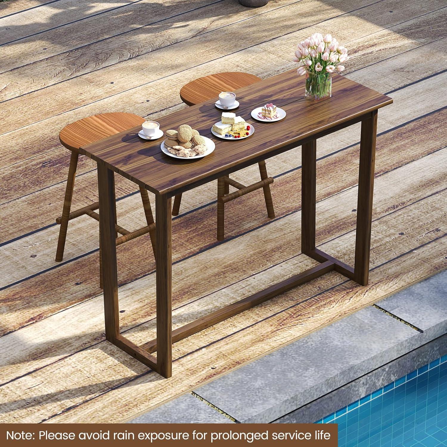 Tangkula 59 Inch Outdoor Bar Table, Teak Wood Rectangle Patio Bar Height Pub Table with Slatted Top, for Balcony, Garden and Poolside