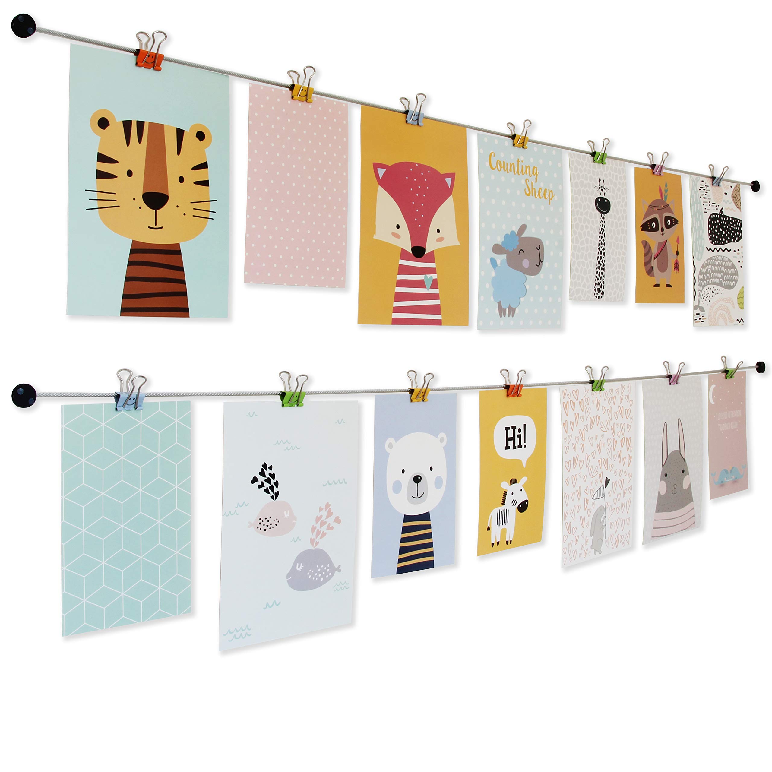 LeTOMA, Photo Rope with Colorful Metal Clips, 2x39” and 2x10 Clips with Smiley Design in the Colors Blue, Yellow, Green