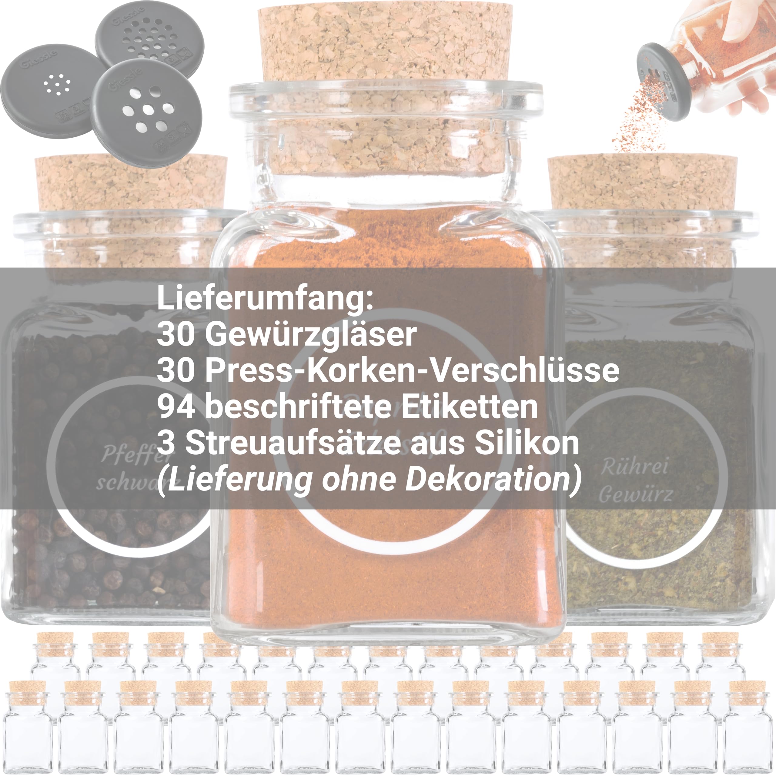 30x Gewürzgläser mit Korkverschluss & 94x Etiketten im Set | Vorratsgläser und Gewürzdosen für Gewürze und Kräuter - sauber beschriftet in Schublade und Regal