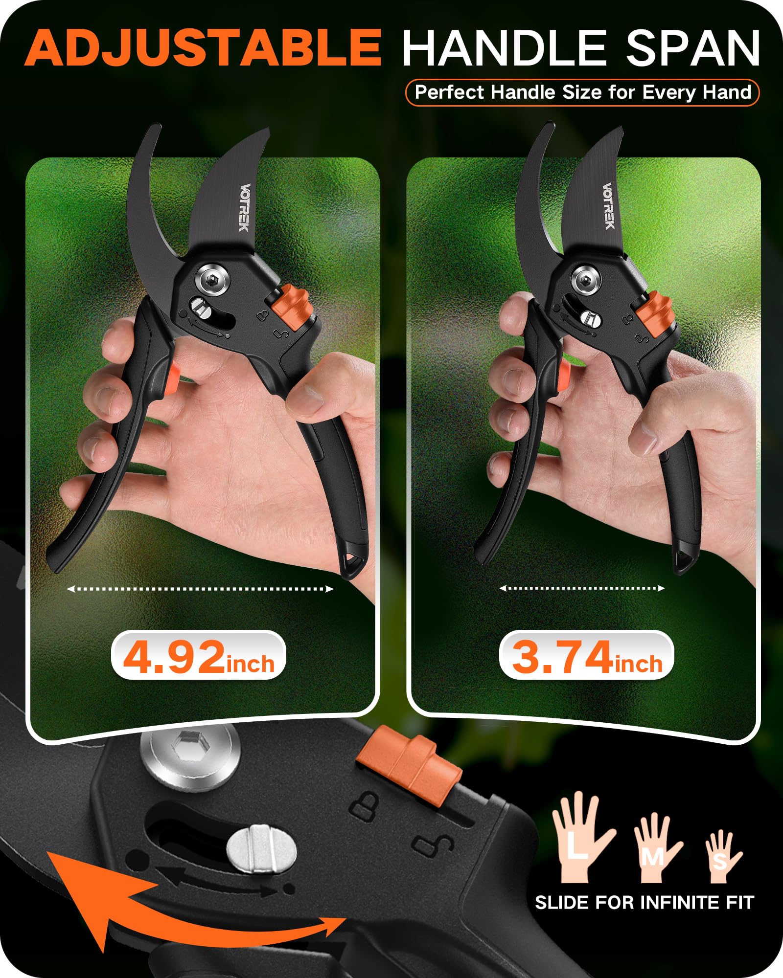 VOTREK Bypass Secateurs for Small Hands with Continuously Adjustable Grip - Image 3