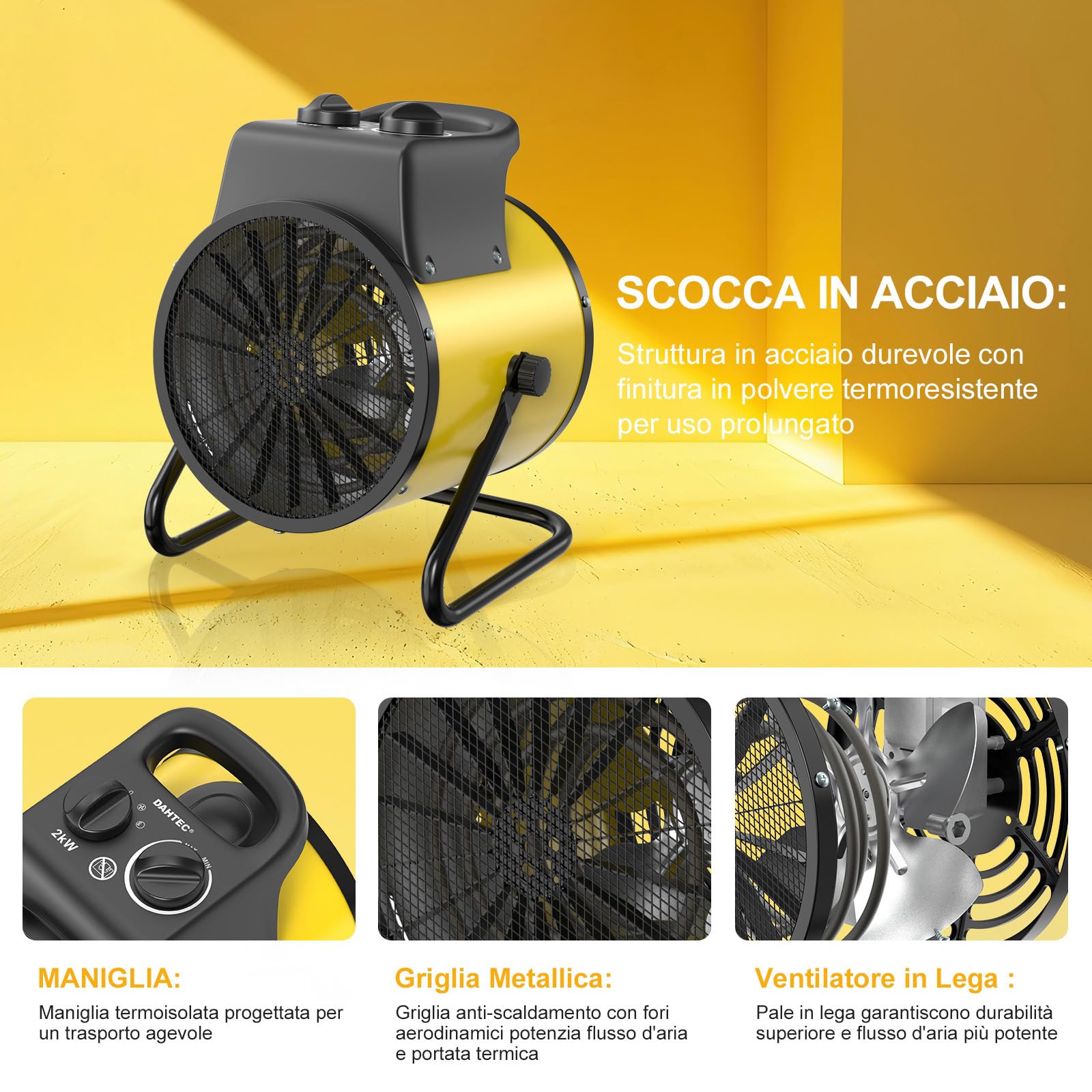 Stufa Elettrica 2000W - Termoventilatore - Radiatore Elettrico Basso Consumo - Termostato e Protezione da Surriscaldamento - per Casa, Bagno o Officina