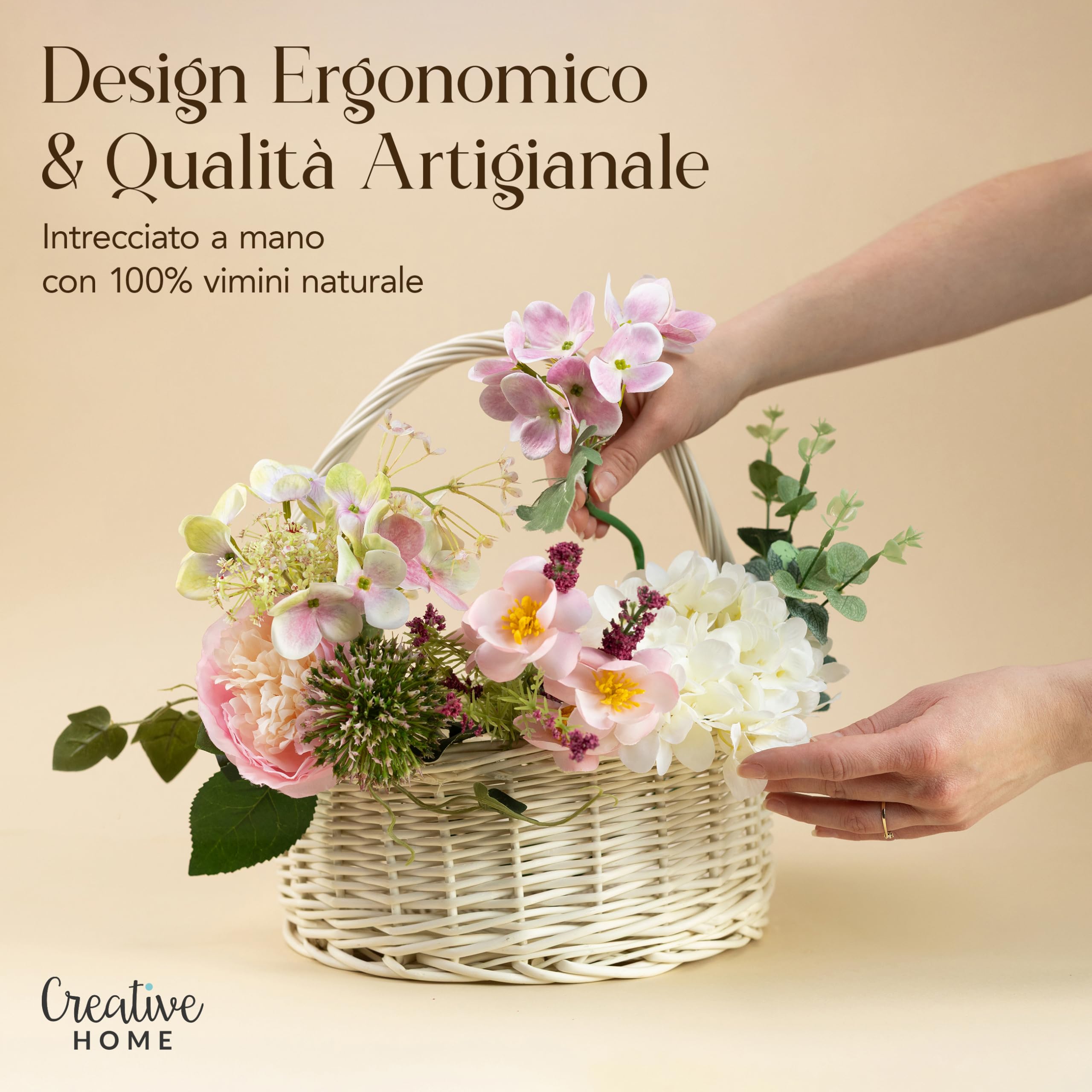 Creative Home Cesto Pasquale Ovale Bianco Crema 30 x 30 x 32 cm | Piccolo Cestino in Vimini con Manico | Cesta Vimini Intrecciata a Mano | Cestino da Giardino, Regalo Natale, Frutta