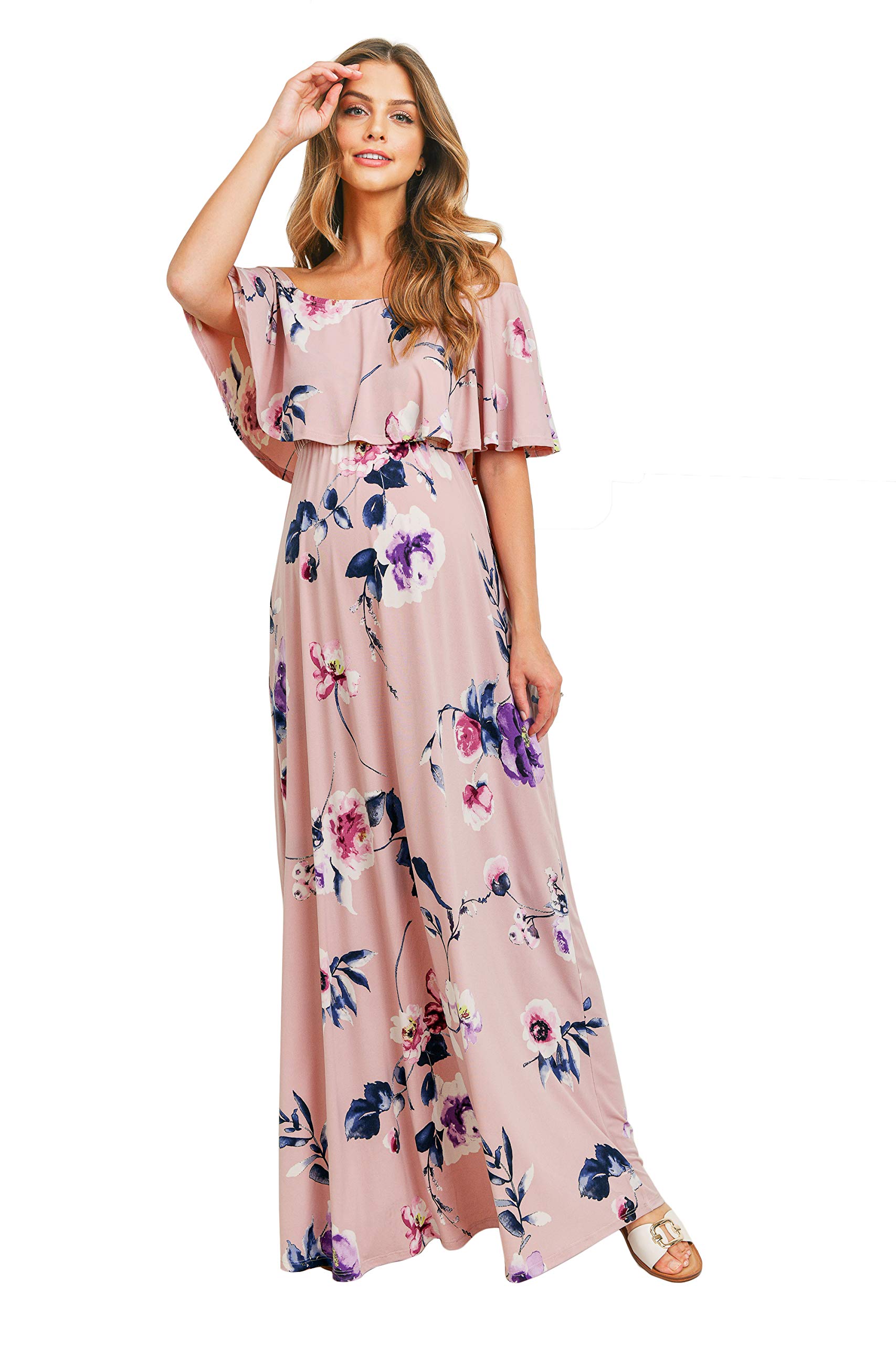 Maternity Dress Off Shoulder Maxi Pregnant Women Baby Shower Photoshoot Mauve Blue Flower X-Large