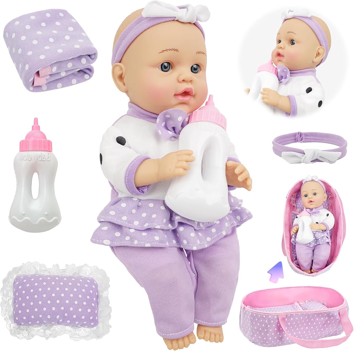 SMILESSKIDDO Baby Doll with Carrier Bassinet Bed 12" Dolls Playset Toddler | Accessories with Washable Blanket, Pillow and Bottle, Soft Body Baby Dolls for Little Girls Toys Gifts