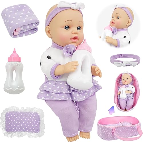 SMILESSKIDDO Baby Doll with Accessories, 12" Dolls Playset with Washable Carrier Bassinet Bed, Bottle, Blanket, and Pillow, Soft Body Baby Dolls for 2+ Year Old Girls