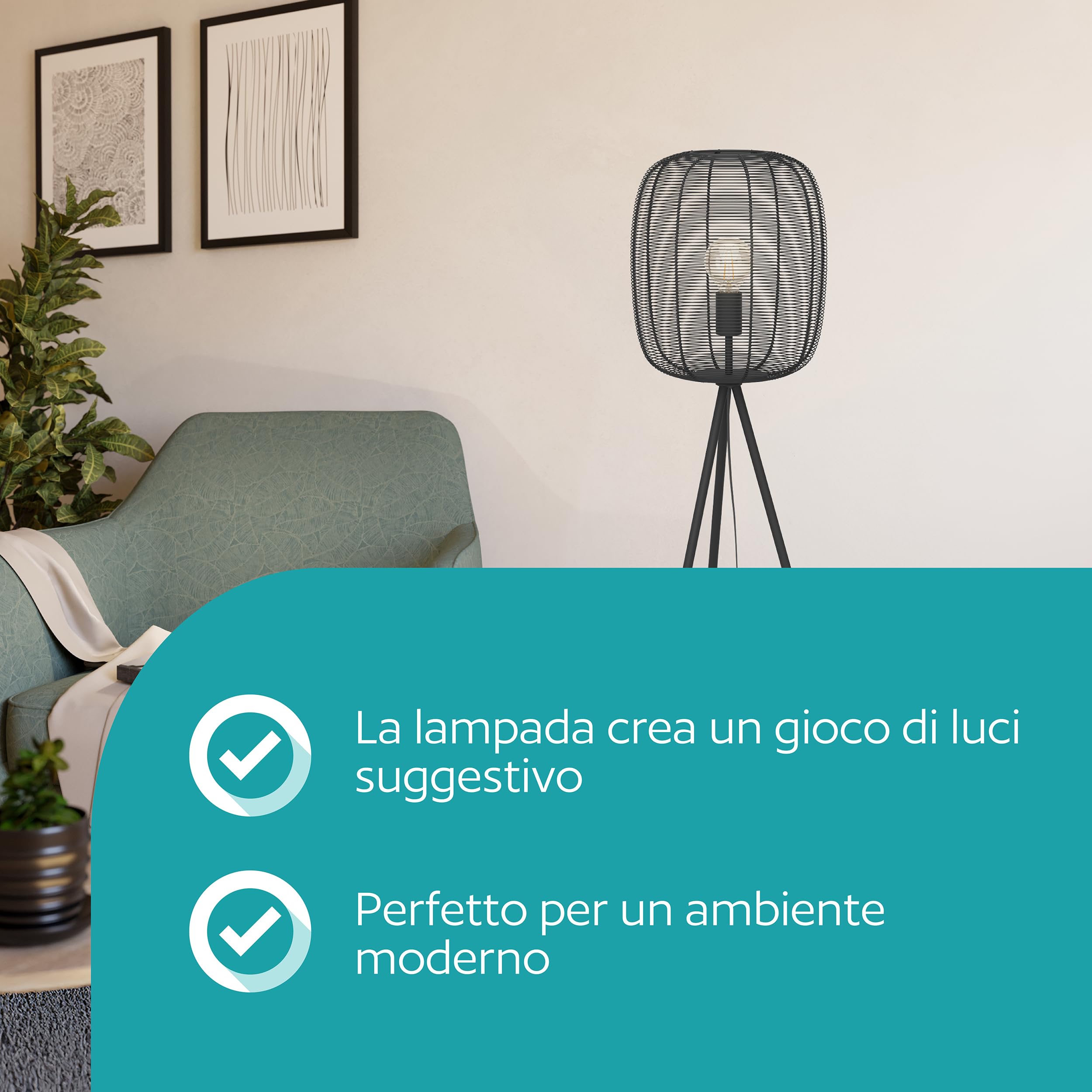 Eglo Rinroe - Lampada da terra con treppiede, soggiorno, industriale, in | metallo di colore nero, attacco E27