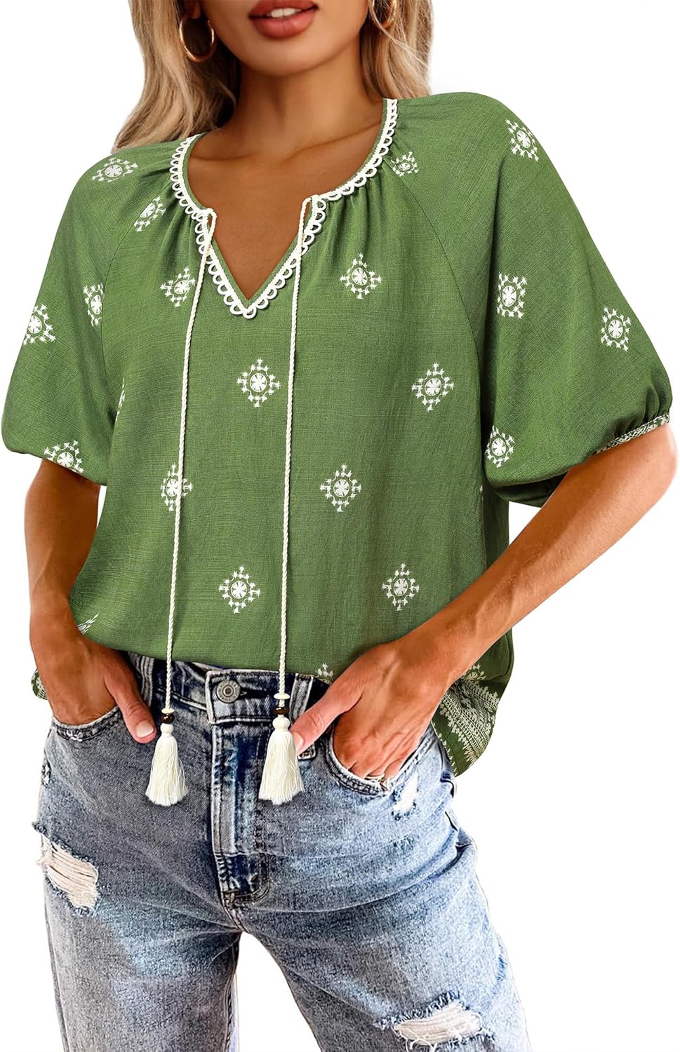 Vivilli Womens Summer Boho Tops Casual V Neck Short Sleeve Blouses Floral Print Shirt Tie Front Flowy Vacation Clothes - Image 4