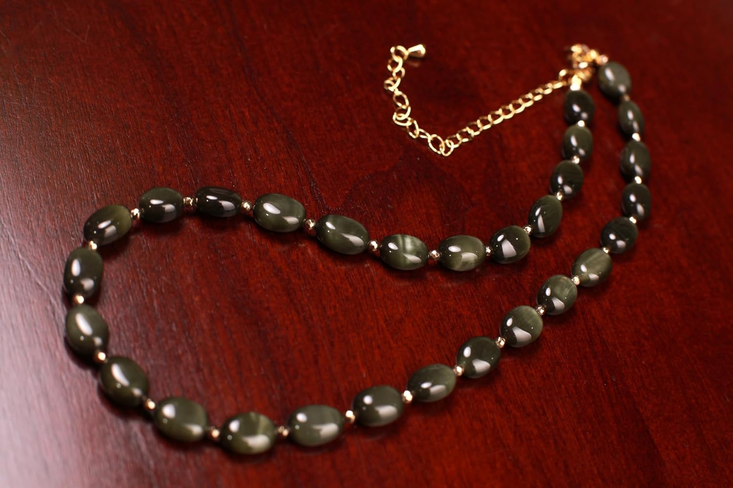 Natural Seraphinite Smooth Oval 10mm Gold necklace with matching Gold leverback earring jewelry set. Rare gems Greenish 16” plus 3” extender